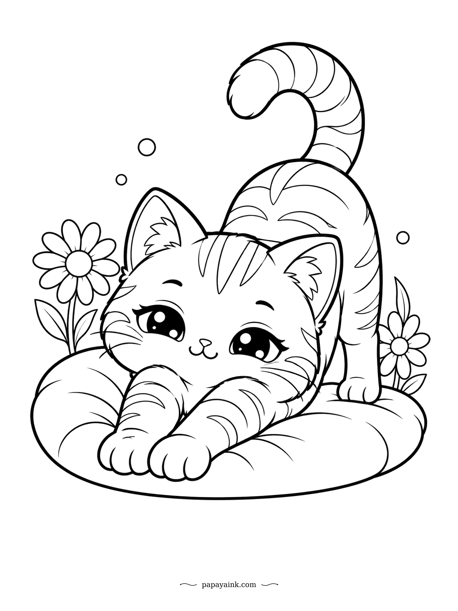 Kawaii Cat Coloring Pages - Front paws out, tail up in a perfect curl, the tabby stretches across its plump cushion. Two daisies and a few bubbles complete the picture. Big shapes and clean lines - quick and relaxing.
