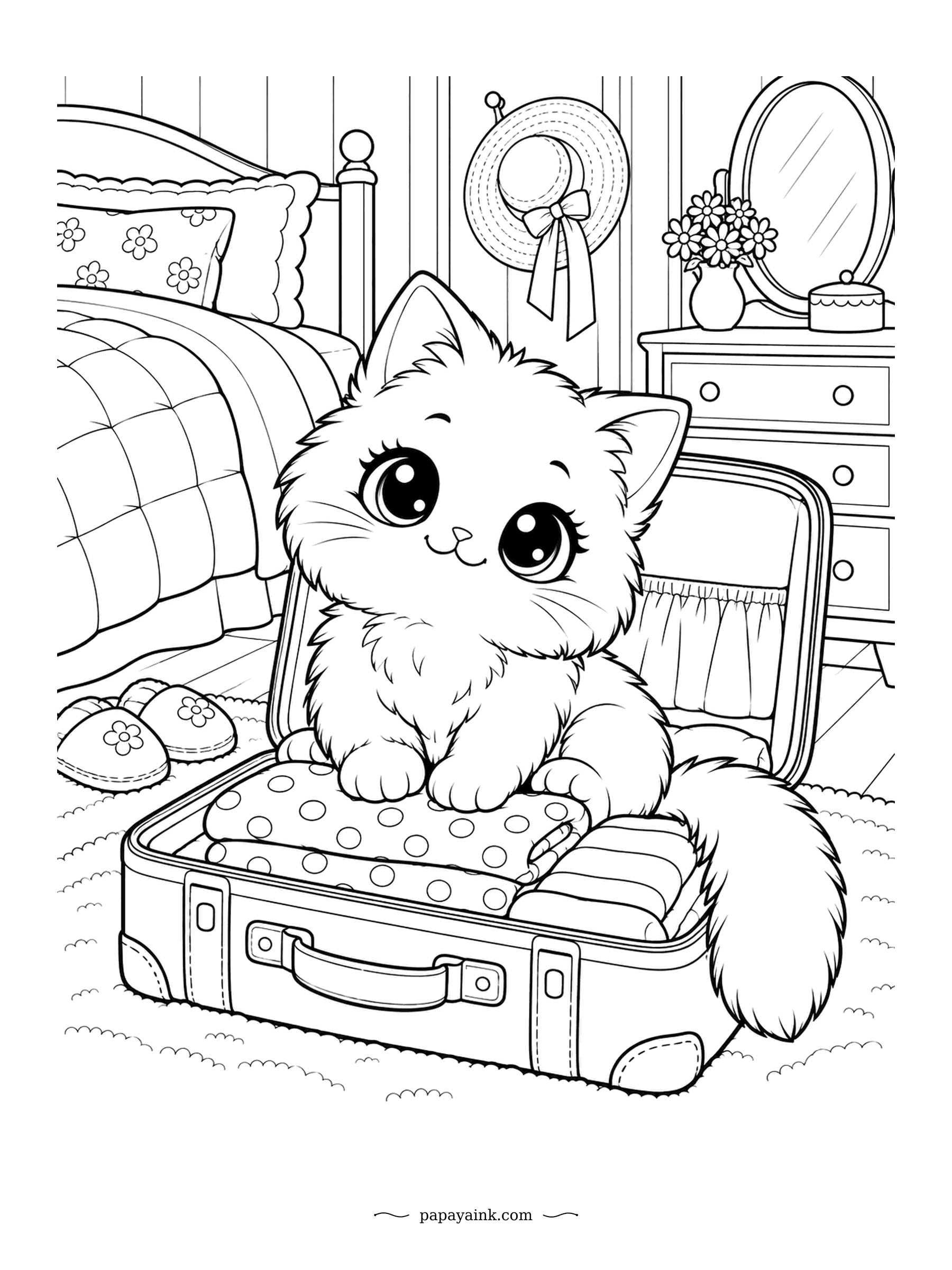 Kawaii Cat Coloring Pages - Mid-packing, the fluffy helper has climbed straight into the open suitcase and settled on the folded clothes. A sun hat hangs on the wall and slippers wait by the bed. Polka dots and stripes to fill.