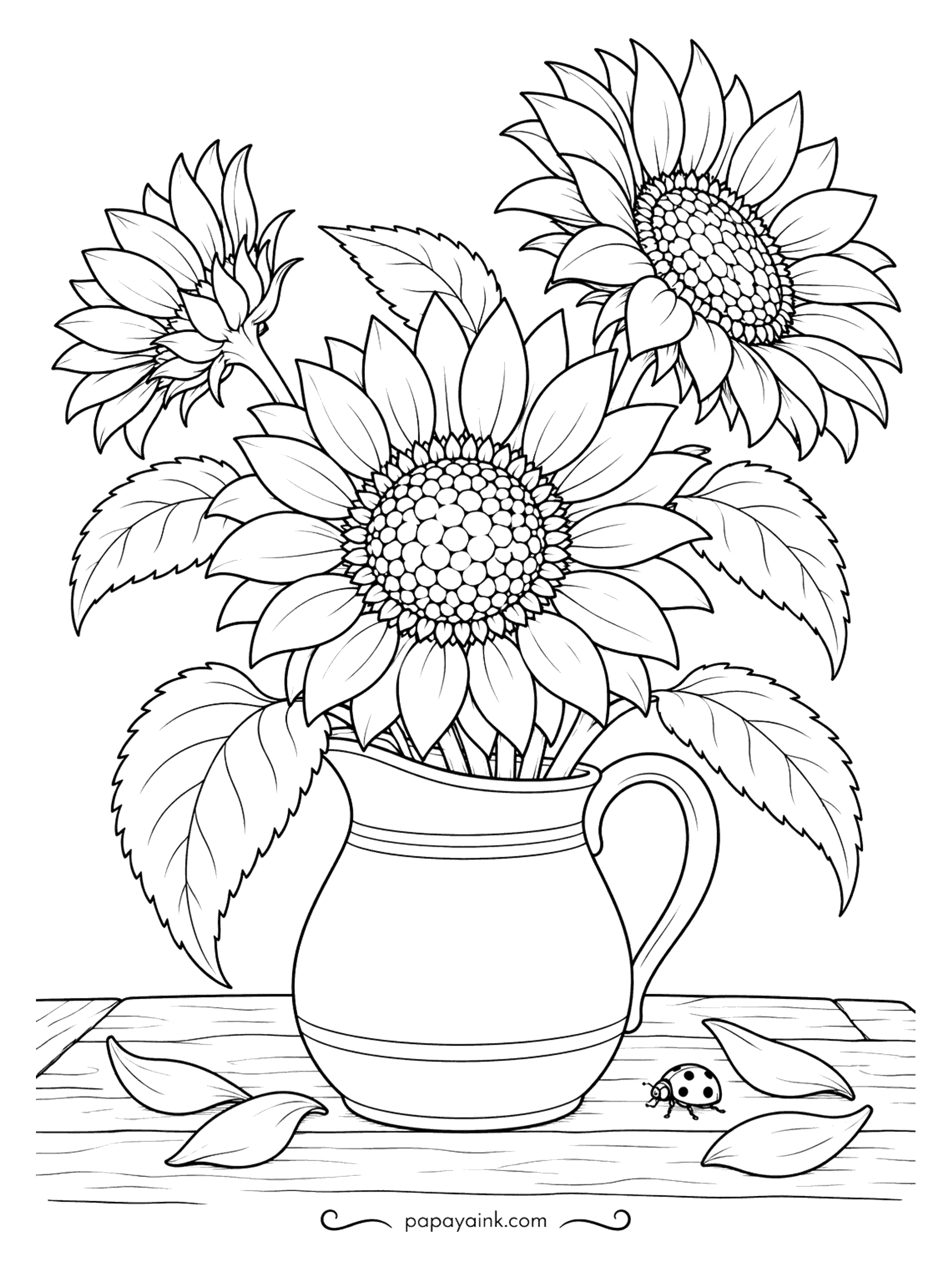 Flower Coloring Pages - A ladybug has wandered onto the table to inspect the fallen petals. Above it, three sunflowers lean out of a striped jug, one still half turned away. Try a warm honey wood for the table to echo the petals.