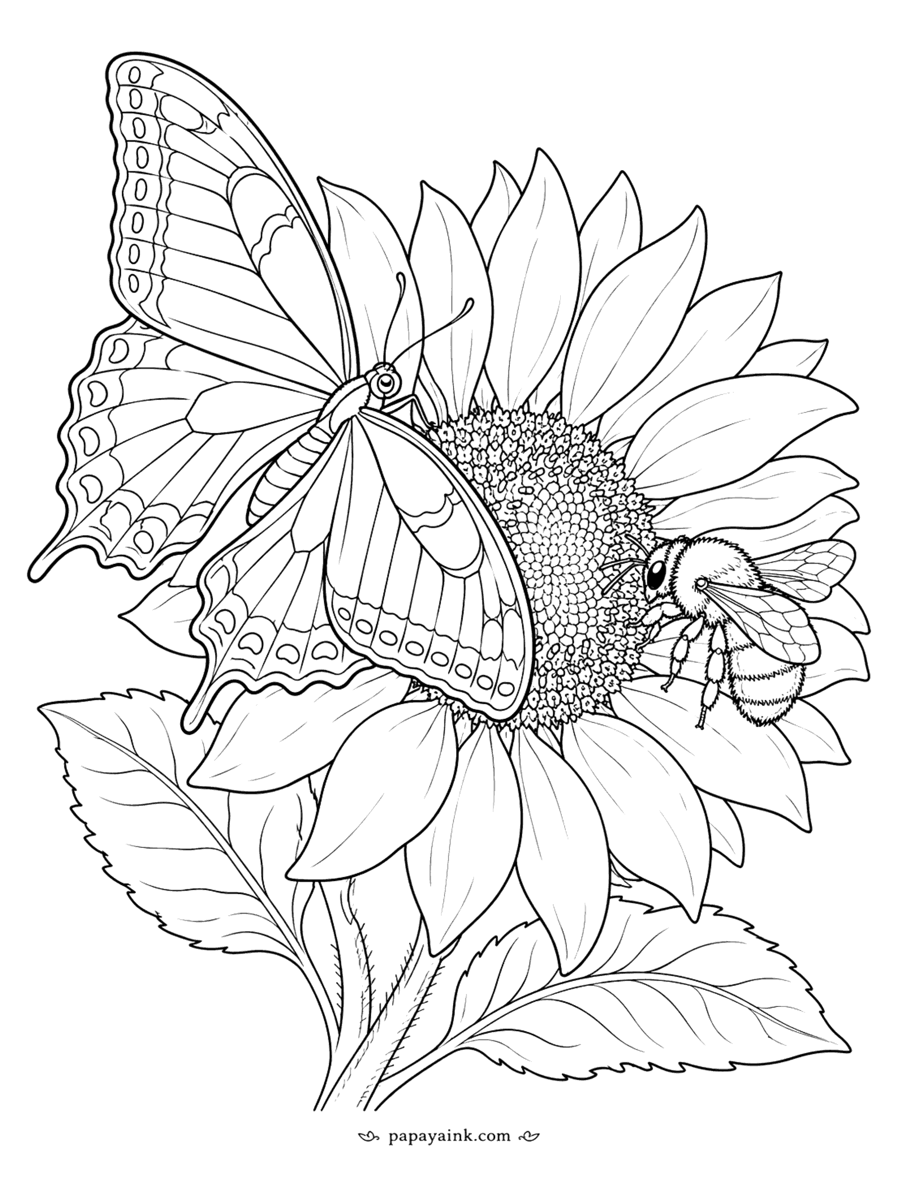 Butterfly Coloring Pages - Butterfly and Bee Coloring Page: Swallowtail Sharing a Sunflower (Detailed)