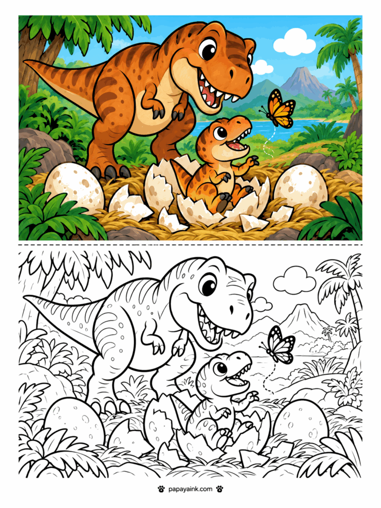 T-Rex Coloring Pages - T-Rex mom greeting her baby as it hatches from an egg in a grassy nest with a butterfly.