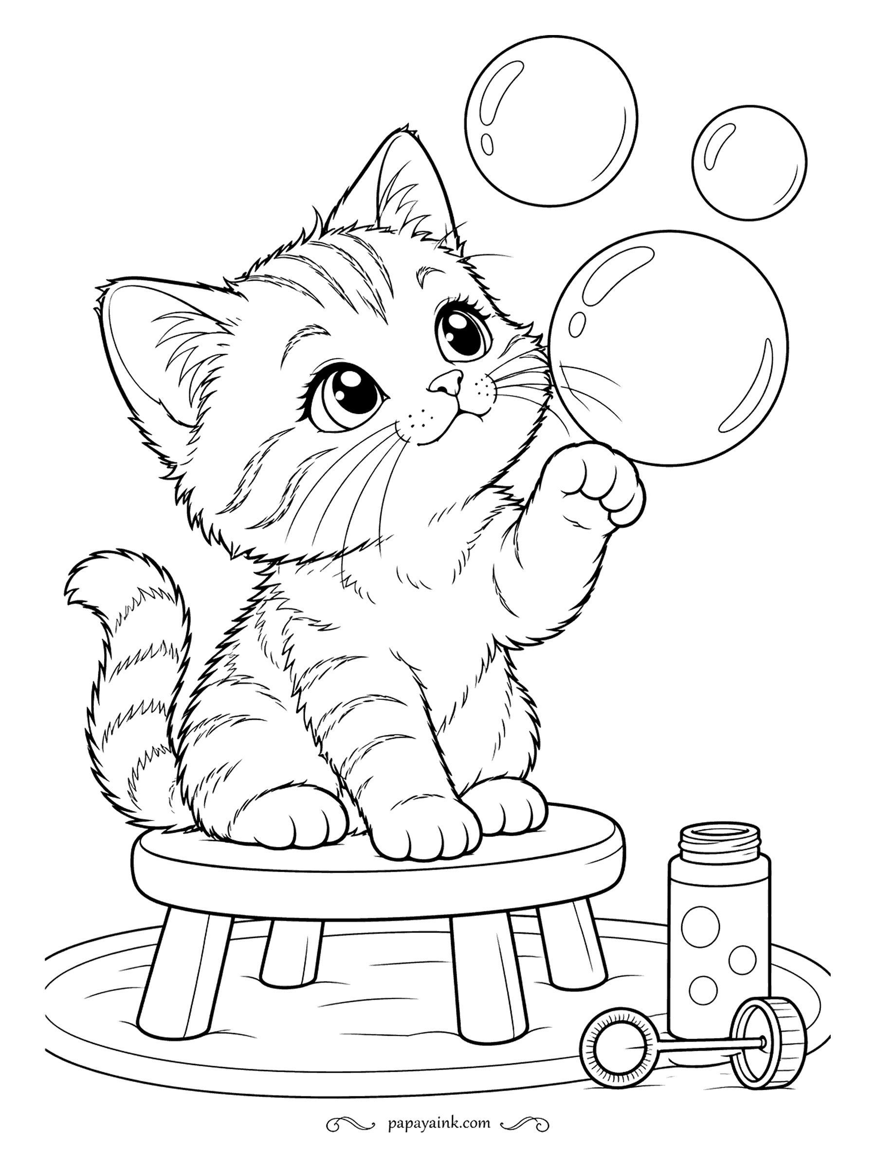 Kitten Coloring Pages - Up on the little stool, the striped tabby kitten reaches for the largest bubble and is about to learn how bubbles end. The jar and wand wait on the rug below. Leave the bubbles nearly white with a touch of blue at the edge.