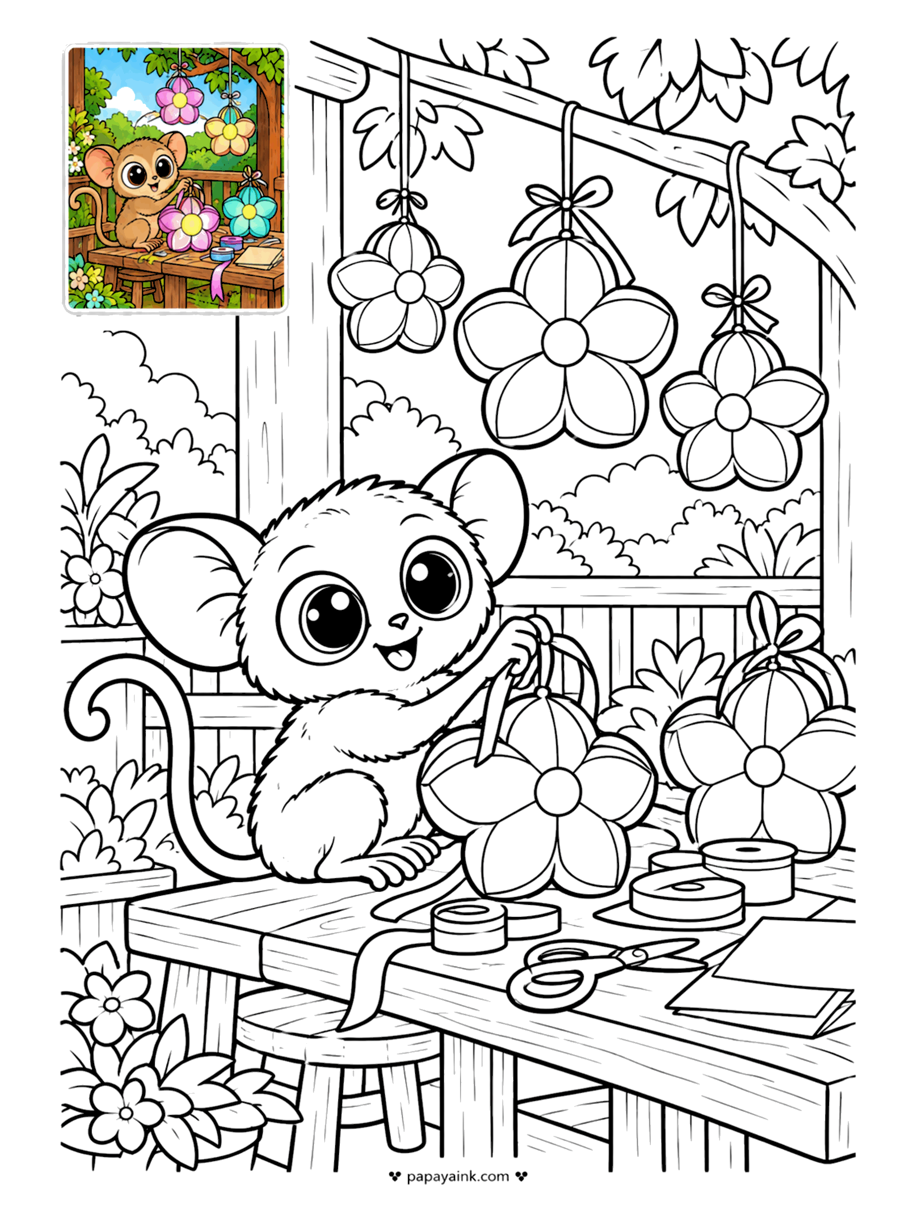 Color Guide Coloring Pages - Each of a tarsier's eyes is about as big as its brain, handy for night work like making paper flower lanterns. Ribbon, scissors and finished lanterns hang around the garden workshop. Pastel lanterns, golden-brown coat.