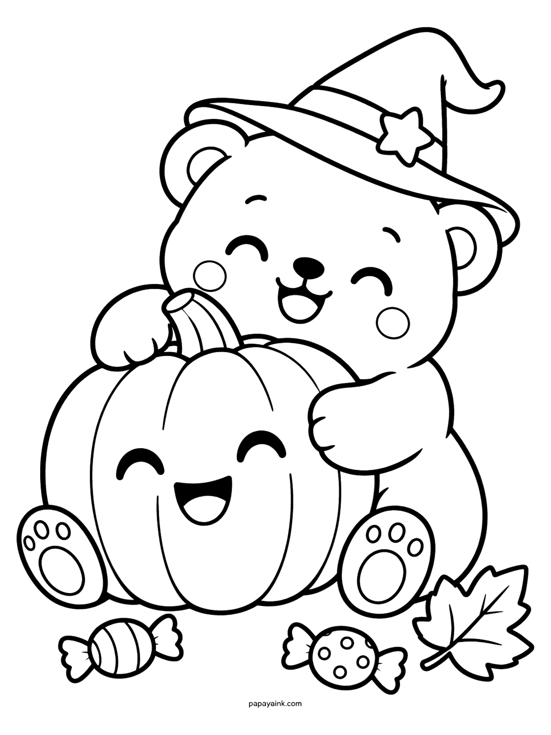 Easy Cute Halloween Coloring Pages - Teddy bear in a star witch hat hugging a big smiling pumpkin, with wrapped candies and a maple leaf