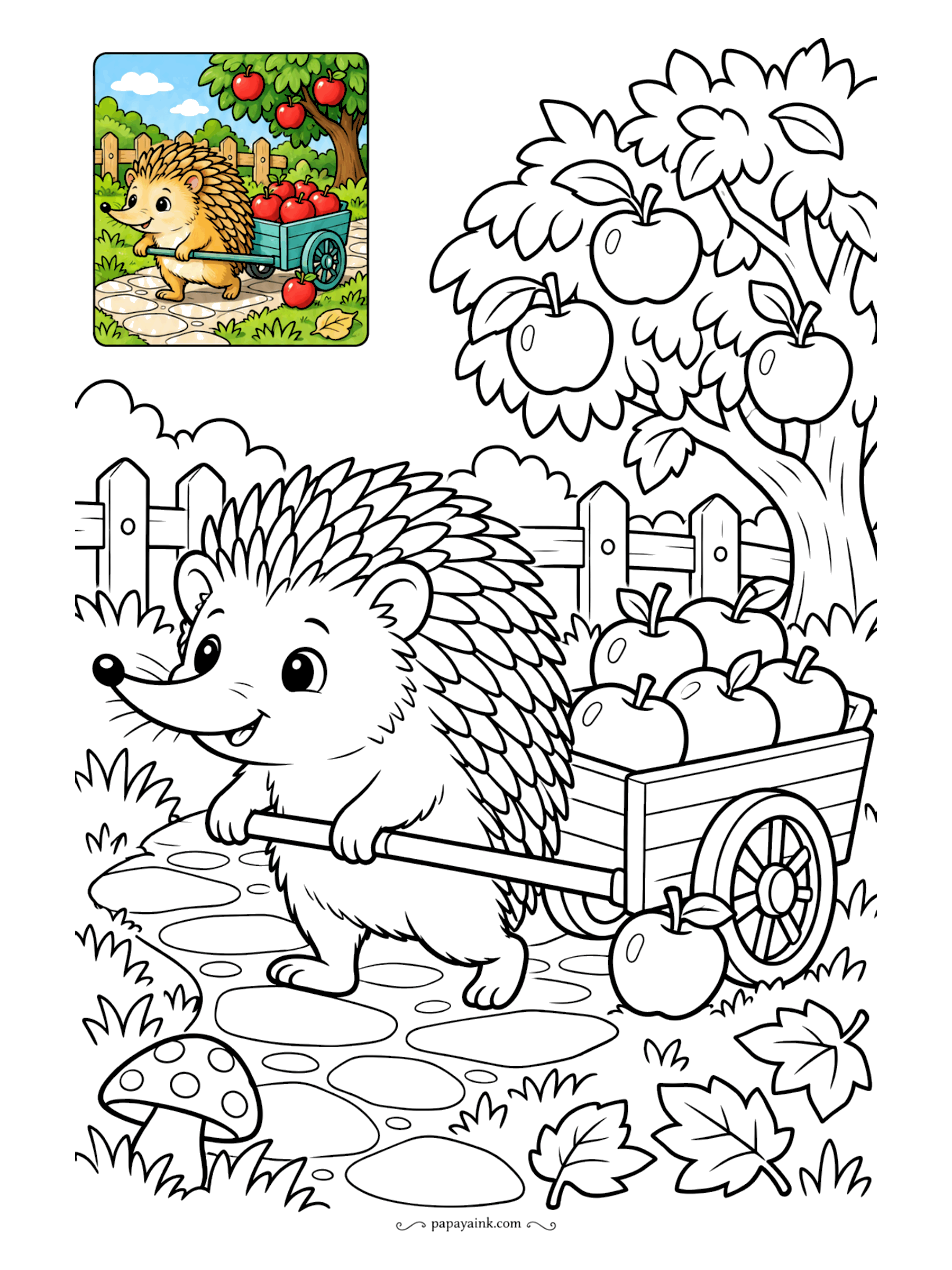 Color Guide Coloring Pages - Apple harvest, hauled one cart at a time. The tenrec leans into the handle while a few apples bounce out onto the stone path, a toadstool and fallen leaves along the way. Red and green apples, a sky-blue cart like the sample.