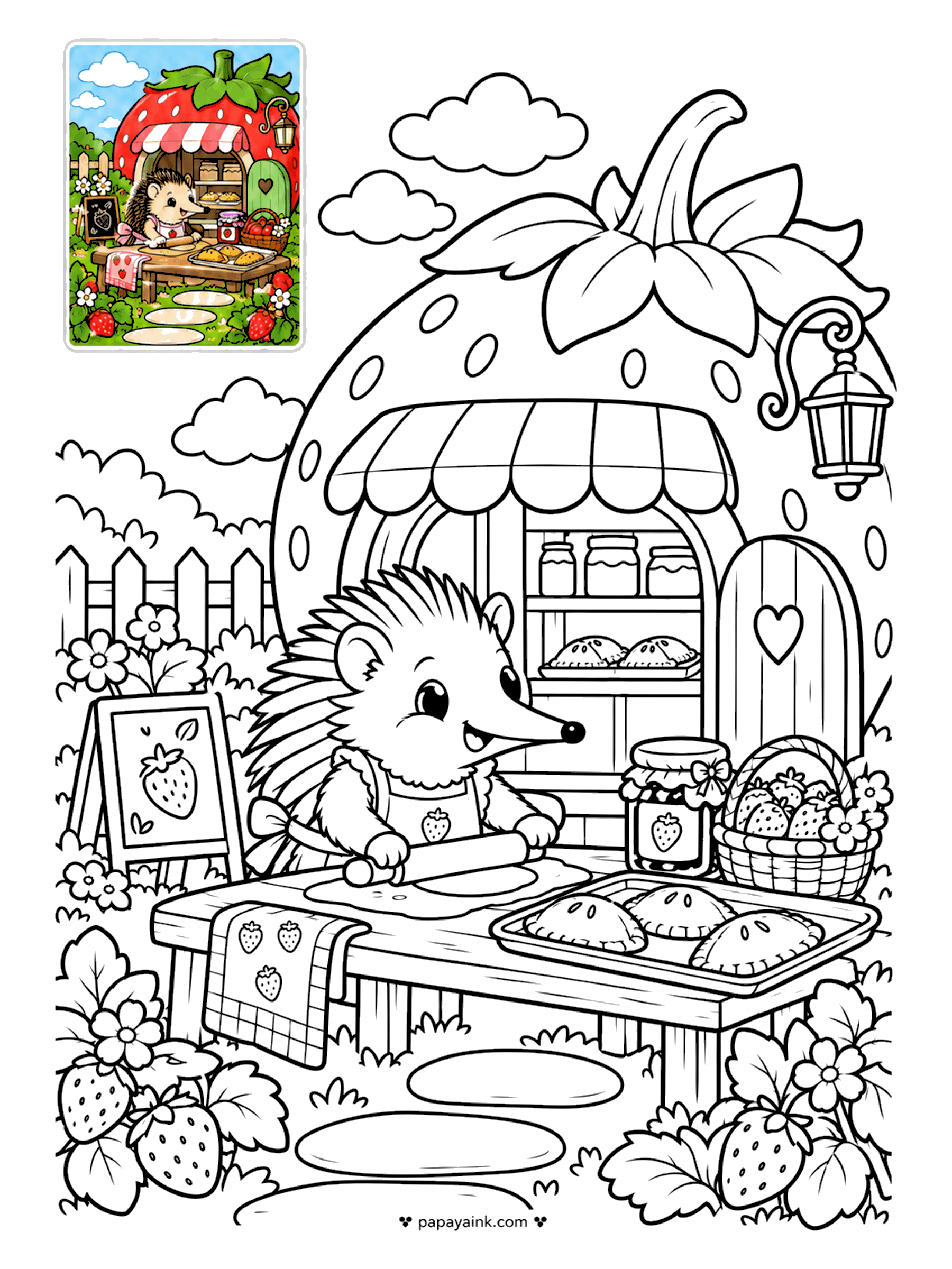 Color Guide Coloring Pages - A strawberry-shaped bakery with a tenrec behind the counter, rolling pastry for the next tray of pies. Tenrecs from Madagascar look like hedgehogs but are not related at all. Detailed - jam jars, a basket of berries and a chalkboard sign.
