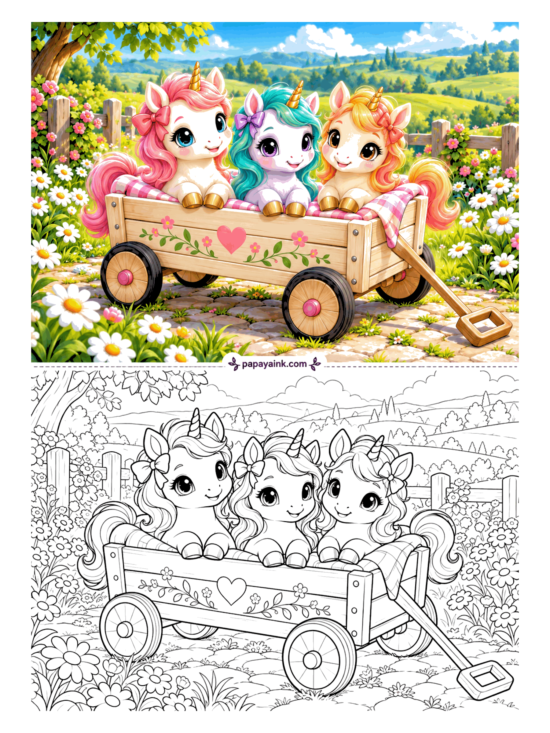 Baby Unicorn Coloring Pages - Room in the wagon for three, as long as everyone leans in. The friends peek over the side, each with a different mane, while daisy fields and hills roll away into the distance. Detailed - give each baby unicorn its own color story.