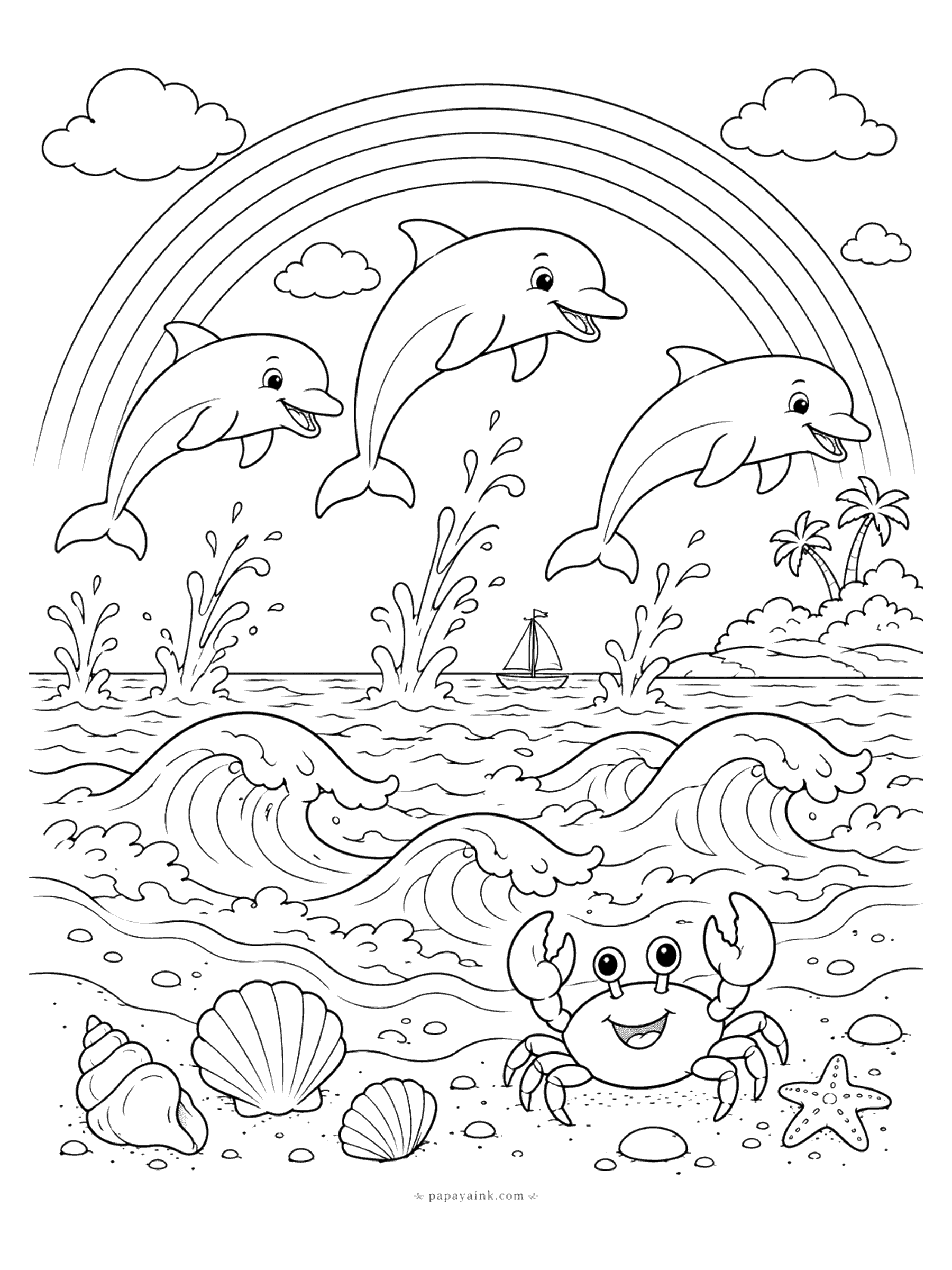 Dolphin Coloring Pages - Dolphins jumping under a rainbow coloring page: three dolphins leap over the waves with a sailboat, an island of palms, and a crab on the beach