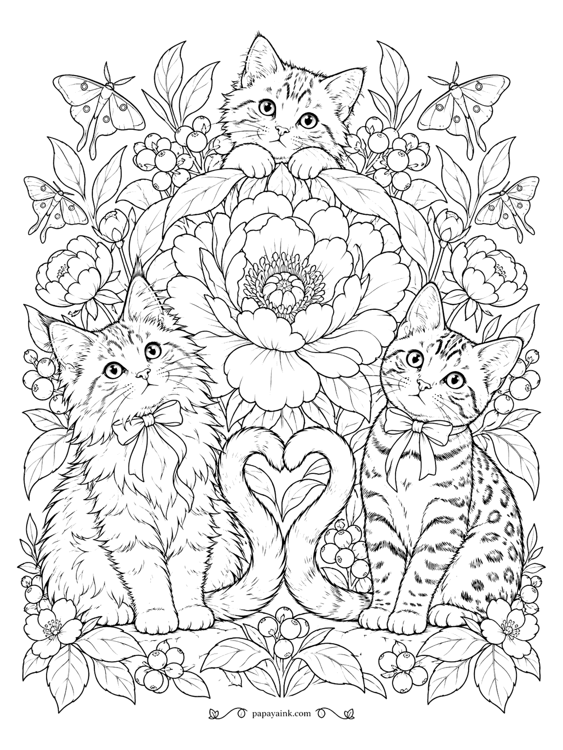 Kitten Coloring Pages - Three kittens with bows, two of them curling their tails into a heart, framed by a giant peony, berries and luna moths. Detailed.