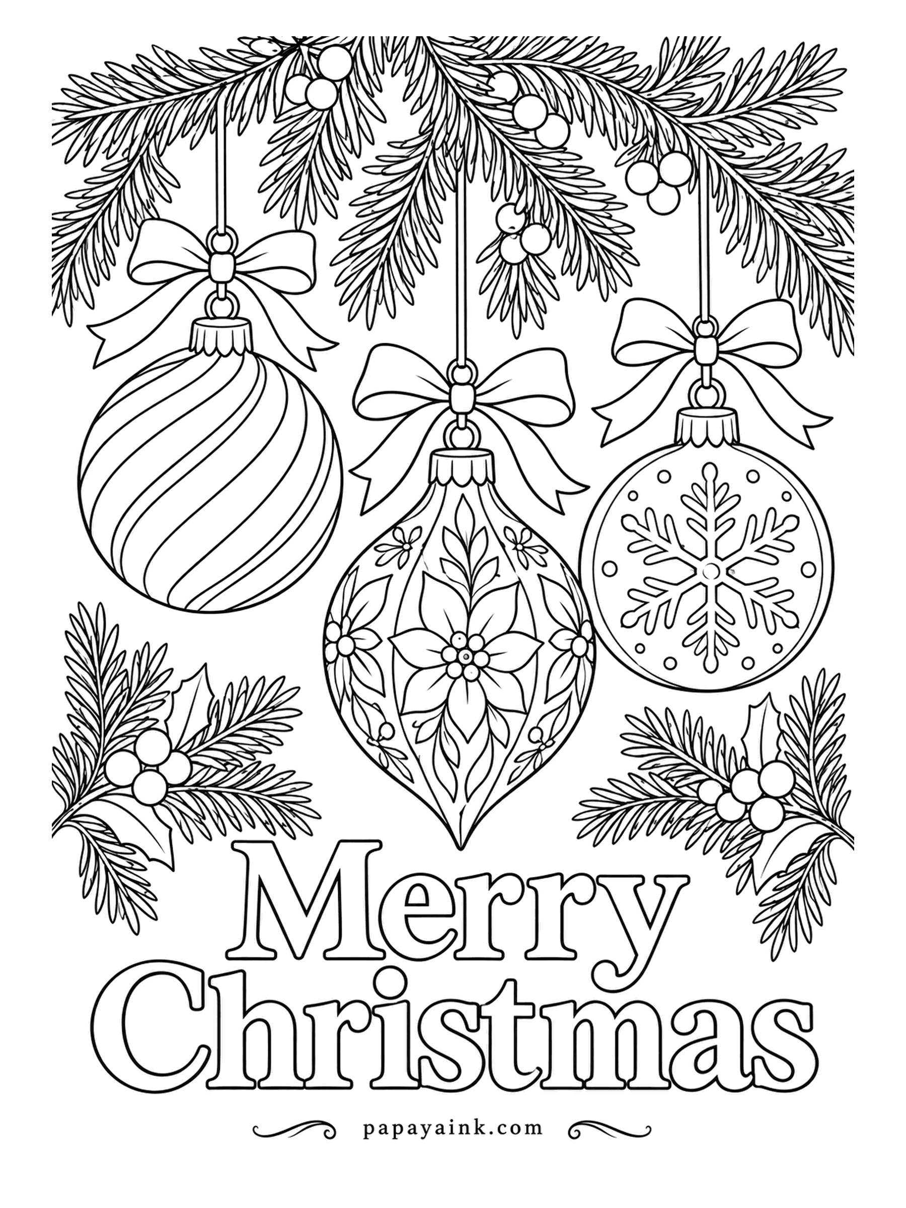 Merry Christmas Coloring Pages - Just a trio this time, drawn large: a spiral, a teardrop with a poinsettia pattern, a globe with one big snowflake. Wide areas suit blending - try fading each bauble from dark at the edge to light in the middle.