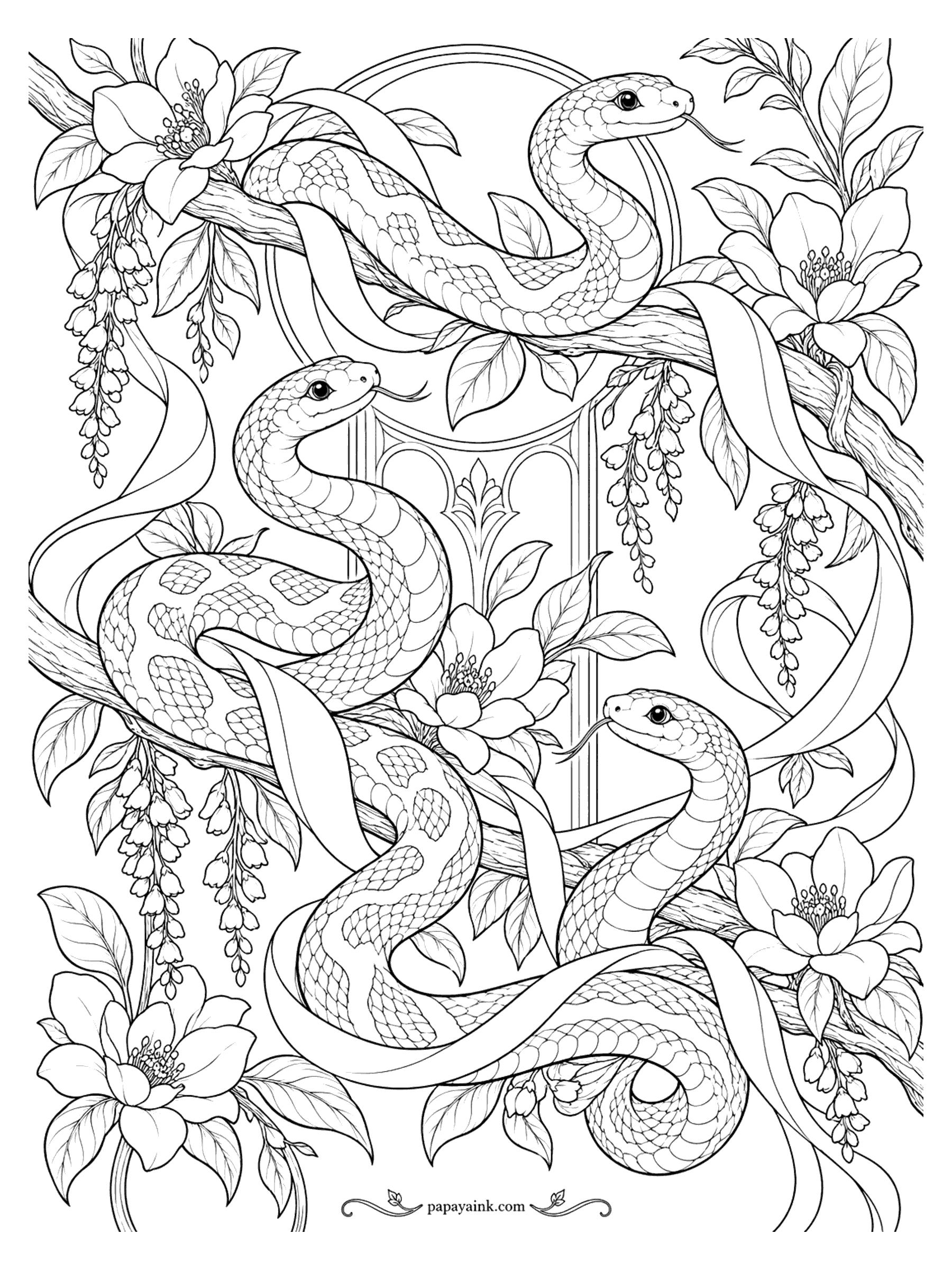 Snake Coloring Pages - Three snakes with spotted and striped patterns twist through flowering branches, ribbons and hanging bell blossoms in art nouveau style. Detailed.