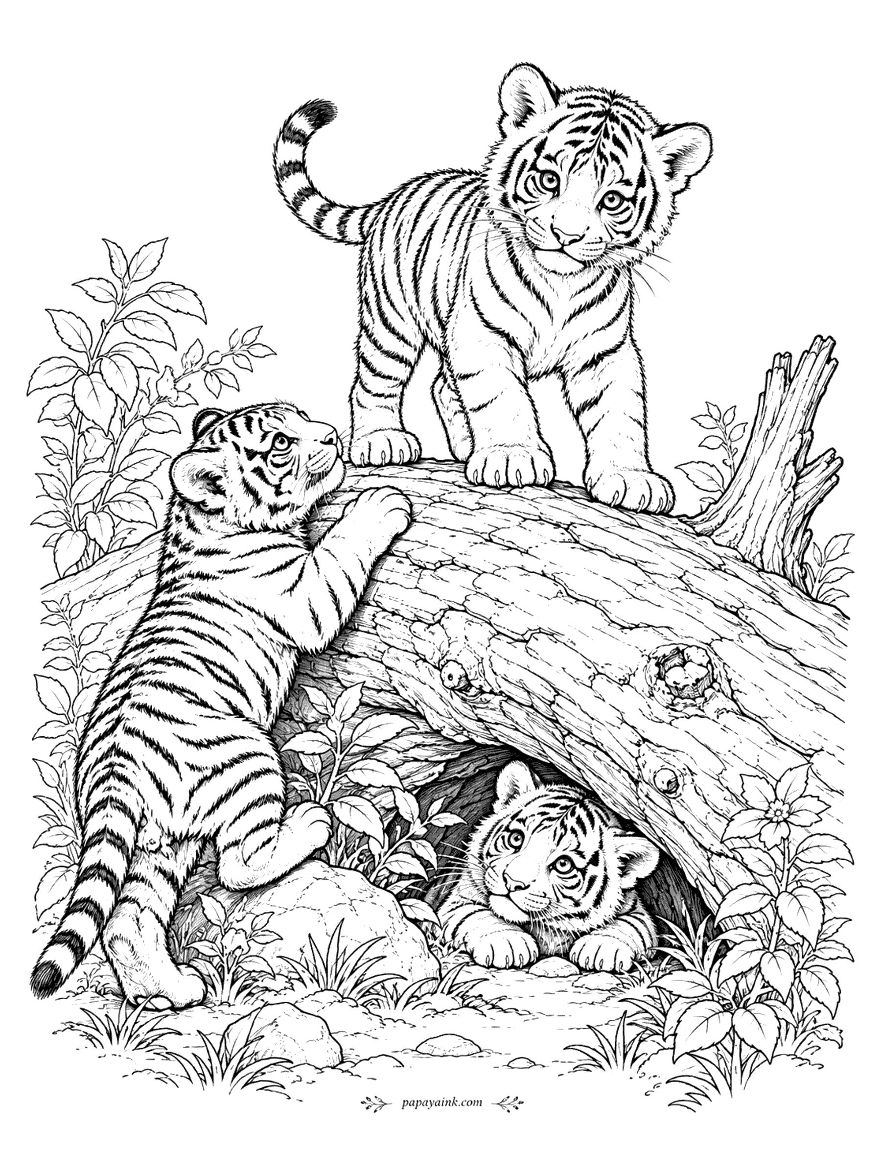 Tiger Coloring Pages - Three playful cubs explore a fallen log - one on top, one climbing, one hiding underneath in the ferns and grass.
