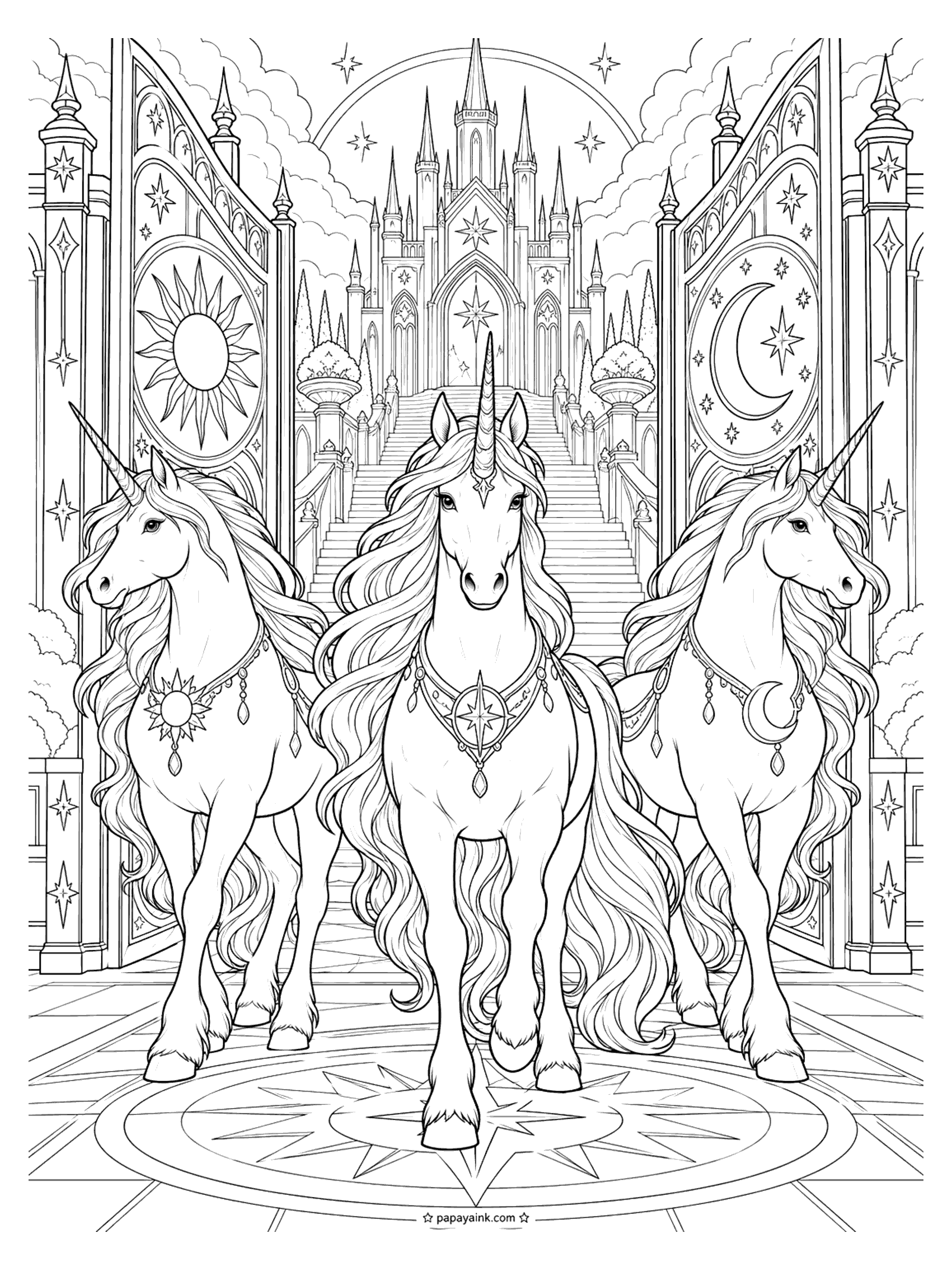 Unicorn Coloring Pages - Celestial unicorn coloring page: three unicorns wearing sun, star and moon pendants walk out through tall gates carved with a sun and a crescent, a grand staircase and a spired palace behind them. Detailed.
