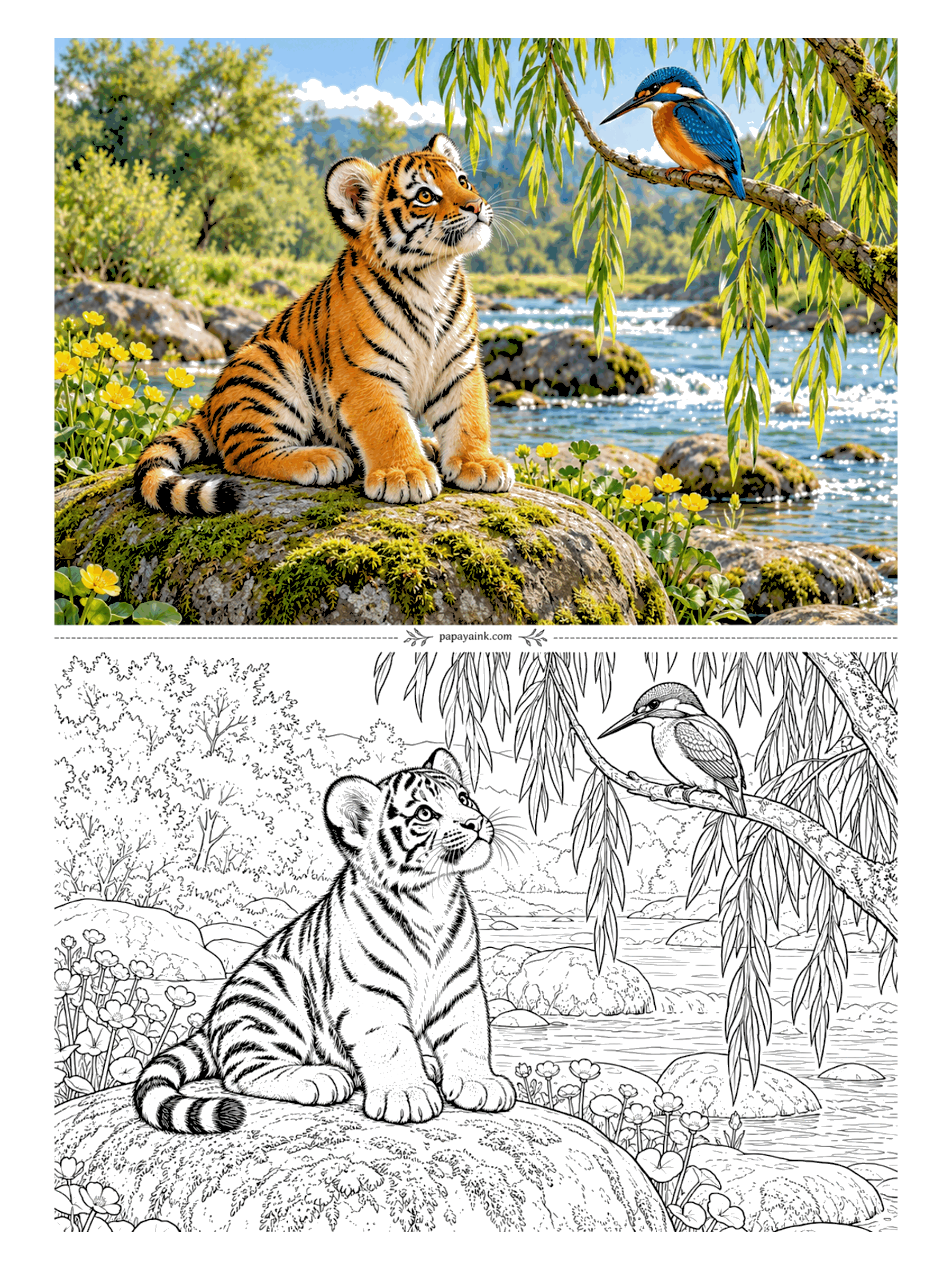 Tiger Coloring Pages - The kingfisher has the higher branch and knows it. A tiger cub on a mossy boulder looks up at the bird through hanging willow leaves, with a quick river running behind them. The bird wants a bright blue back and an orange chest.