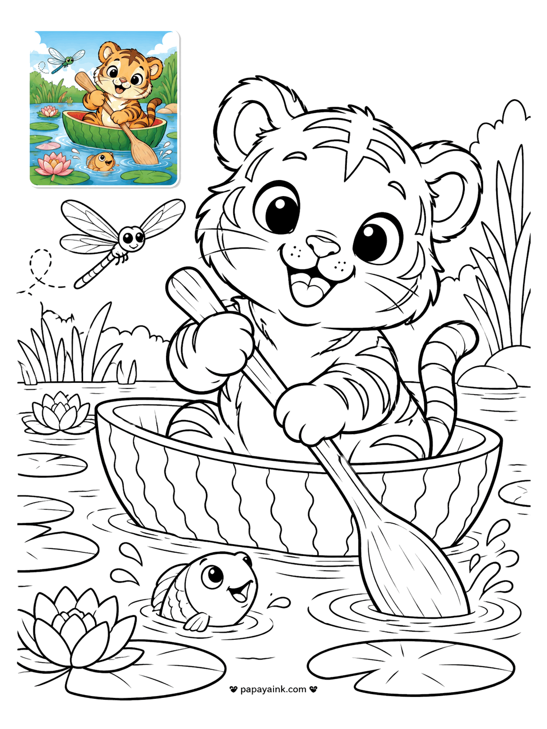 Color Guide Coloring Pages - Color guide coloring page of a tiger cub paddling a watermelon boat across a pond, with a fish and a dragonfly