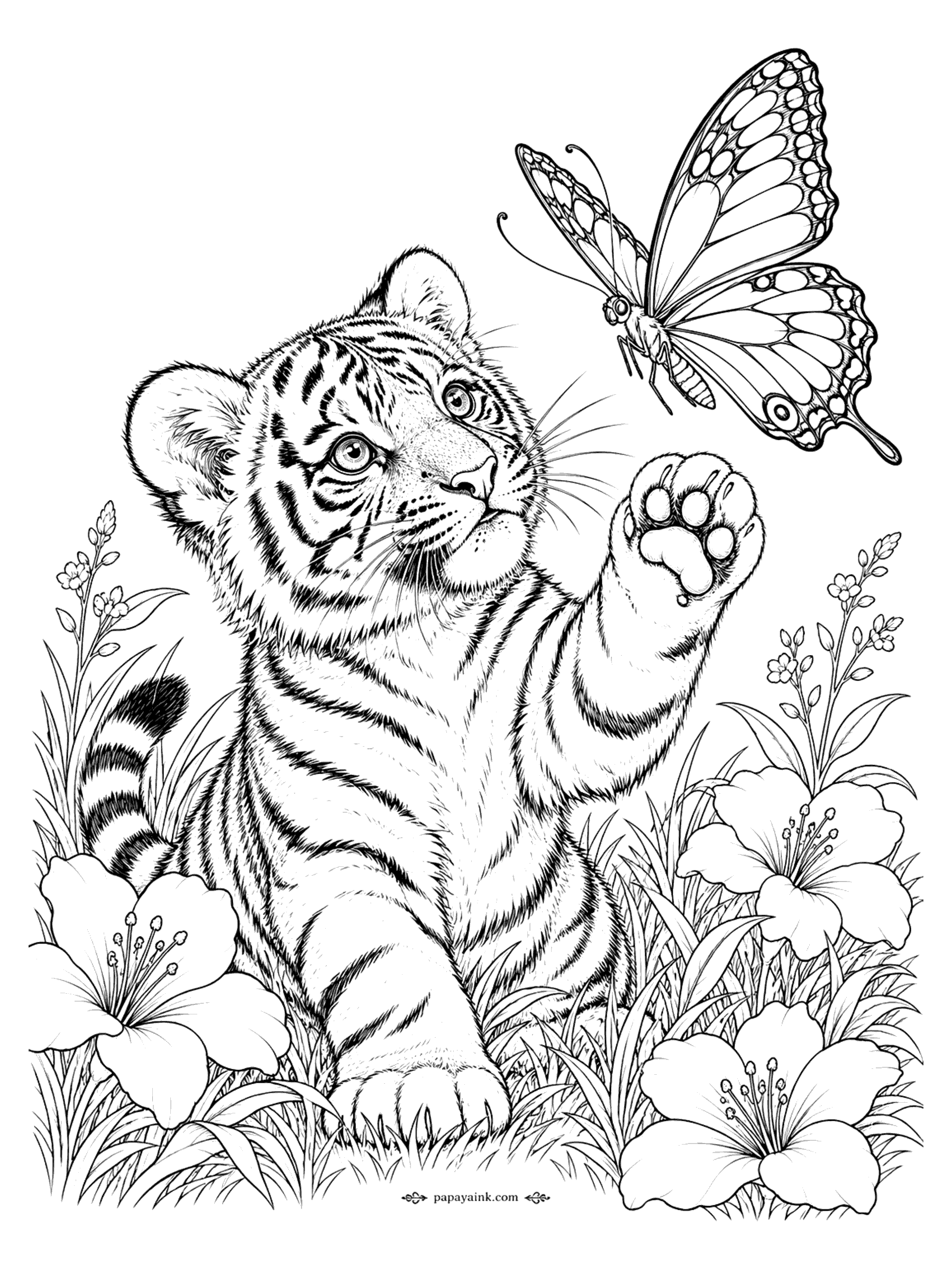 Tiger Coloring Pages - A wide-eyed tiger cub lifts one paw toward a swallowtail butterfly while sitting in a patch of lilies and tall grass. A friendly, easy-to-read design with big open flower shapes.