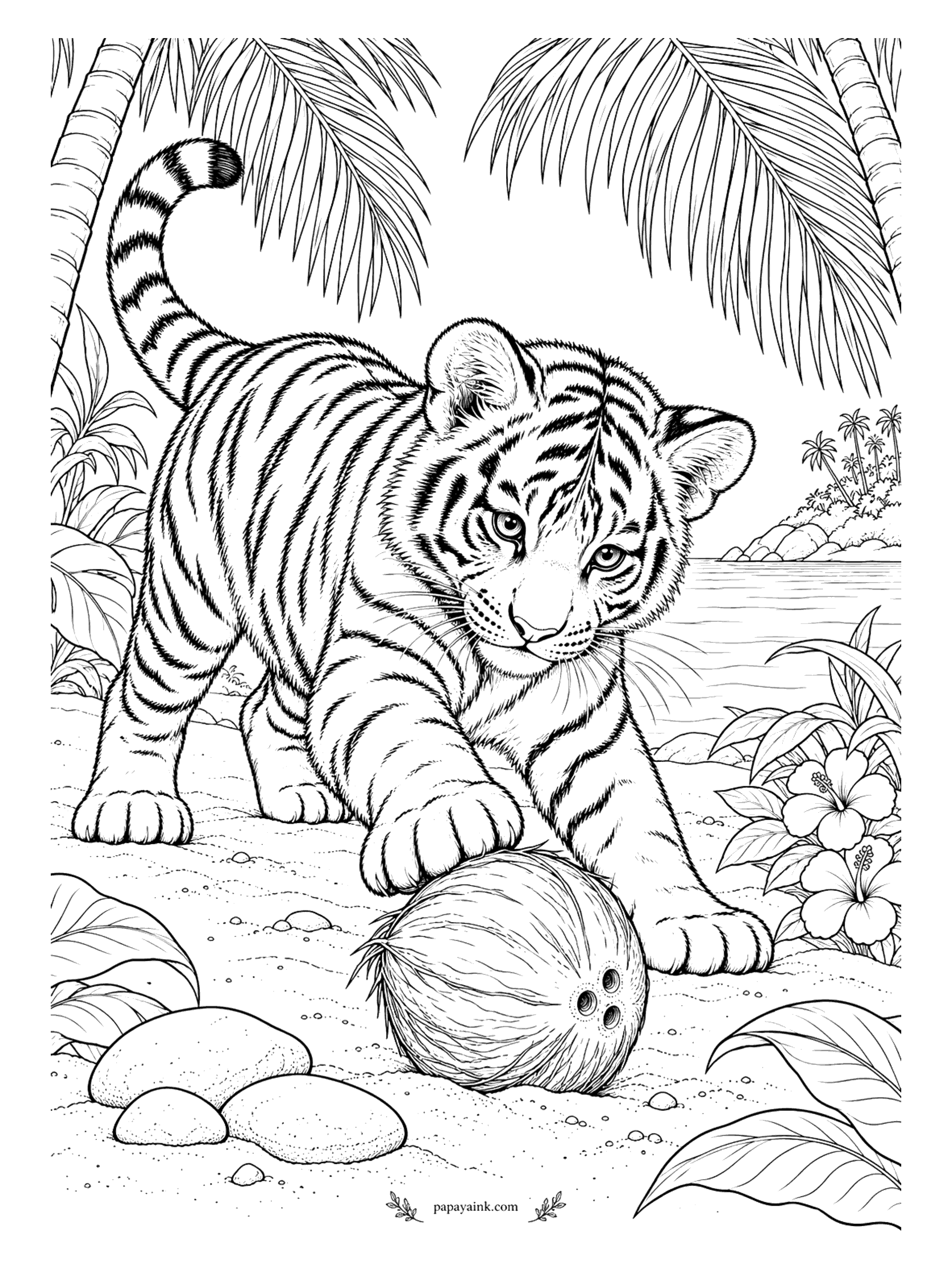 Tiger Coloring Pages - A coconut has washed up under the palms, and the cub rolls it along the sand with one paw, tail up, fully focused. Sea and a far island lie behind, hibiscus at the side. Big shapes and clear outlines throughout.