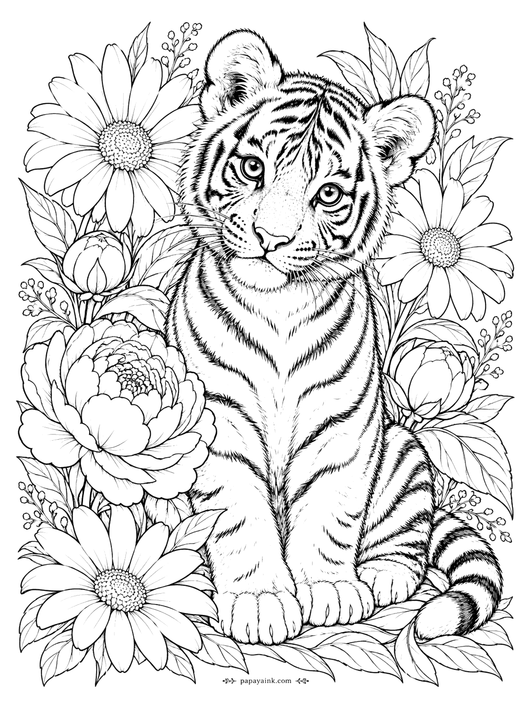 Tiger Coloring Pages - A tiger cub sits upright surrounded by oversized daisies, peony blooms, and leafy sprigs. Detailed: the flowers and fur give this one plenty of shading practice.