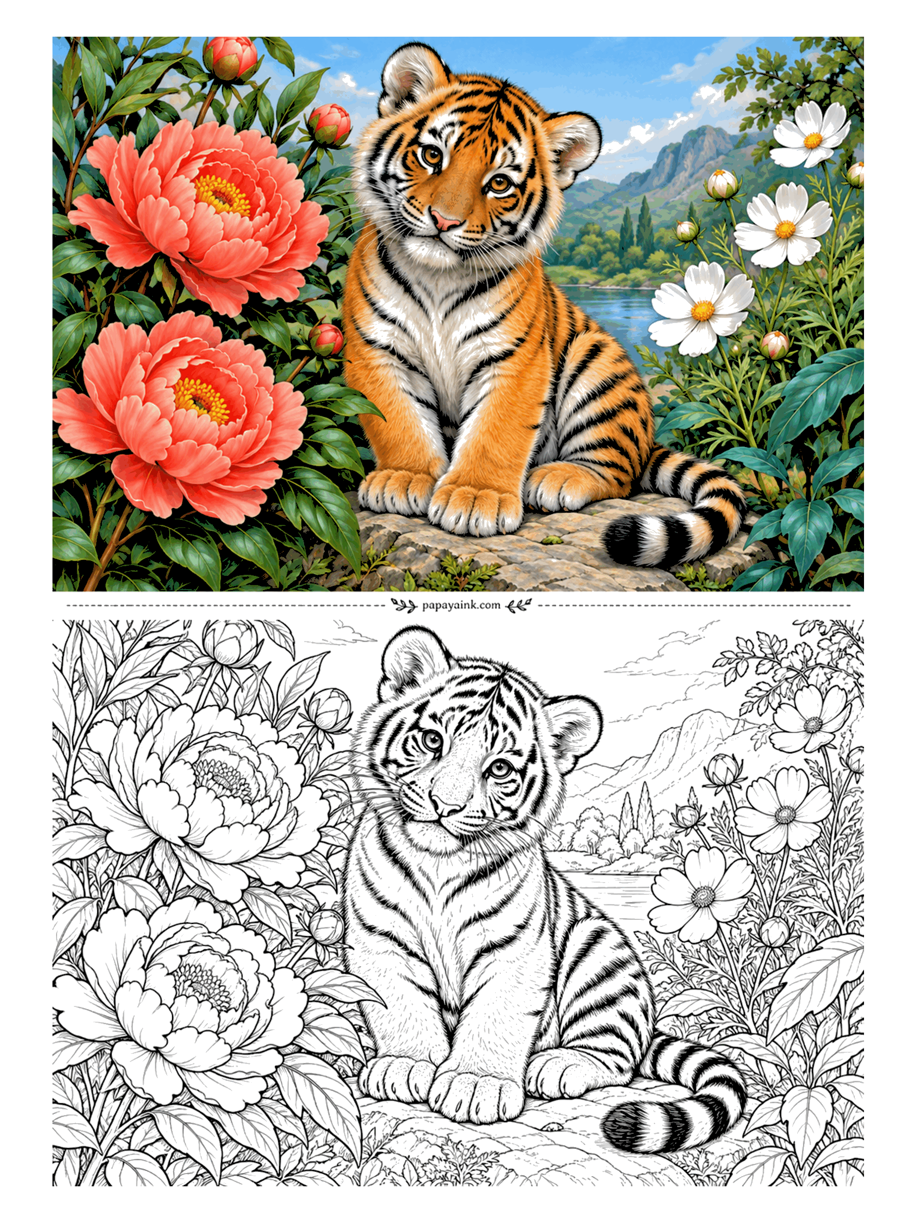 Tiger Coloring Pages - Coral peonies the size of his head on one side, white cosmos on the other, and a tiger cub parked on a flat rock between them with a lake behind. Head tilted, tail curled around the rock. The big petals are the easiest place to start.