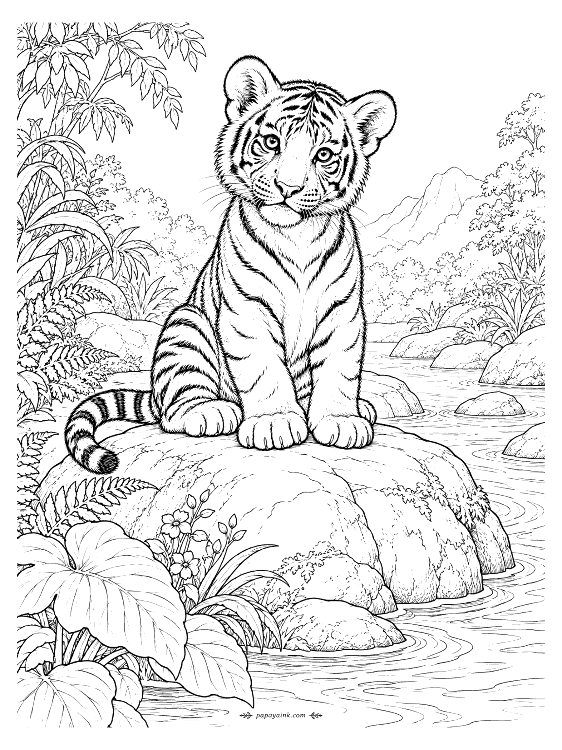 Tiger Coloring Pages - A young tiger sits proudly on a moss-covered rock in a shallow river, with jungle plants, rolling hills, and a distant mountain.