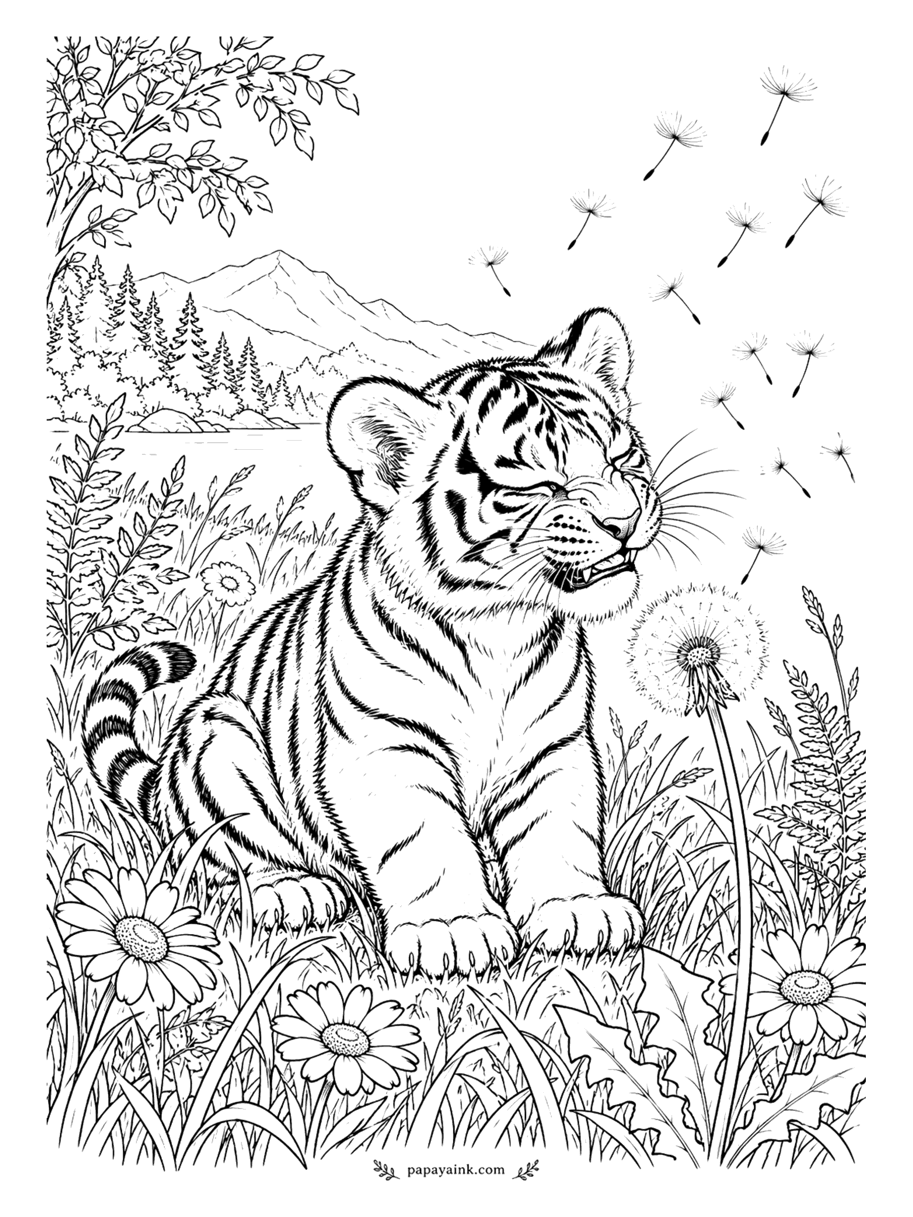 Tiger Coloring Pages - One sniff of a dandelion puff and the seeds are everywhere. The cub squeezes his eyes shut mid-sneeze in a daisy meadow, with a lake and mountains behind. Leave the drifting seeds white and color only the sky around them.