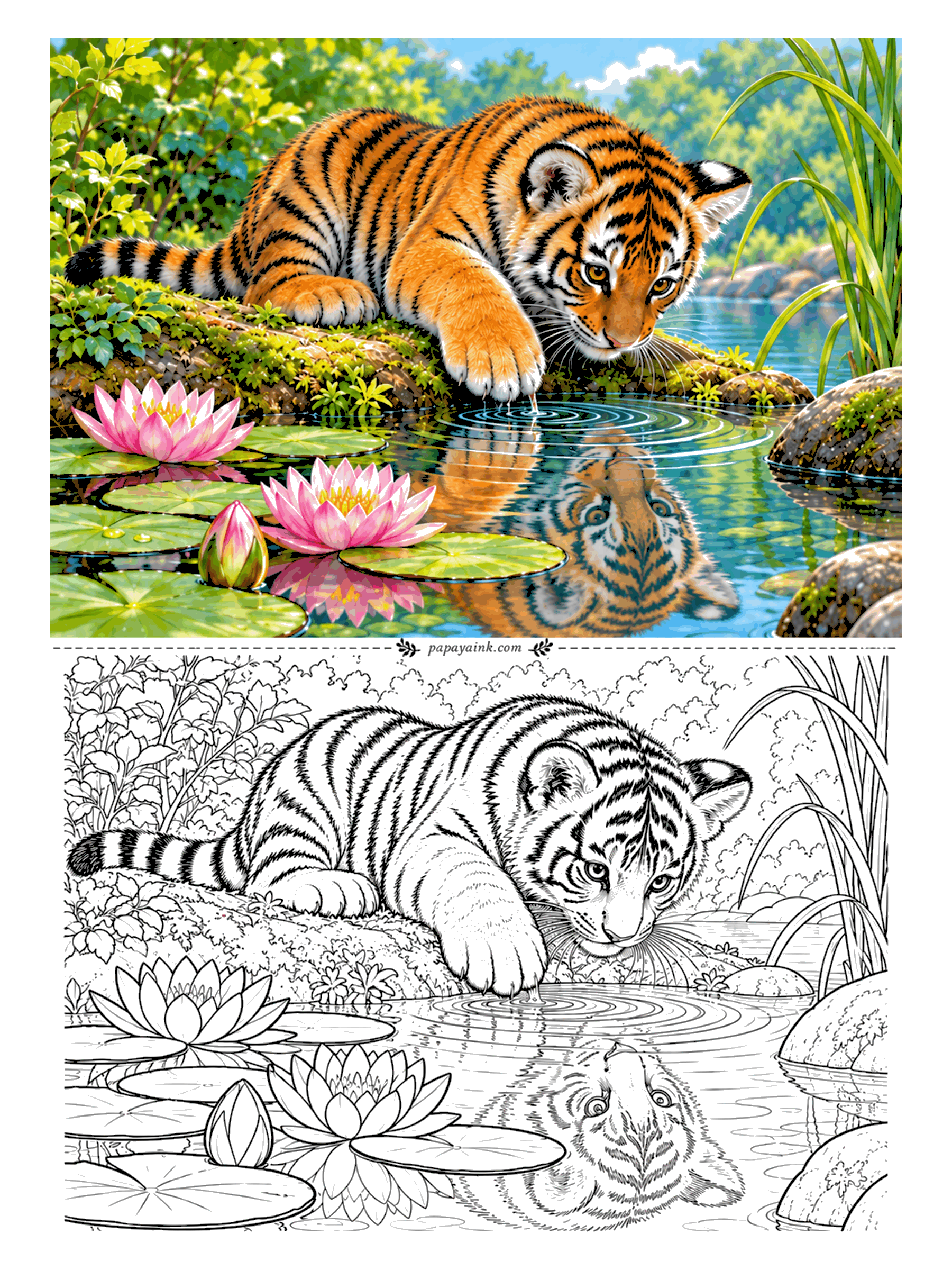 Tiger Coloring Pages - The pond has another cub in it. He tests the theory with one paw and gets rings on the water for an answer. Water lilies and flat pads fill the foreground, and the reflection is a second face to color, slightly softer.