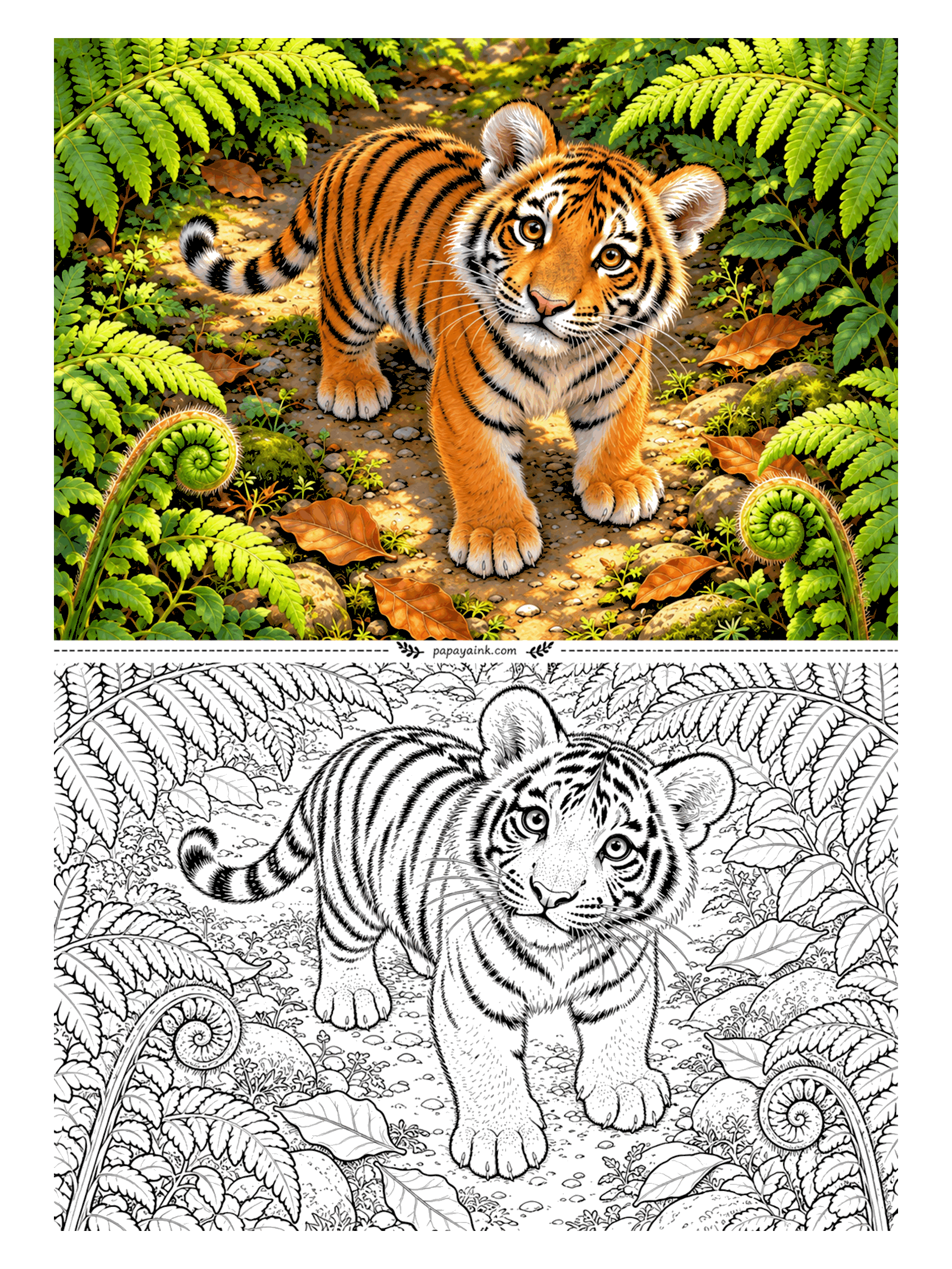 Tiger Coloring Pages - Caught halfway down a jungle path, one paw forward, staring straight at whoever is holding the pencil. Fern fronds arch over from both sides and two fiddleheads are still curled tight. Detailed - a lot of small leaflets.
