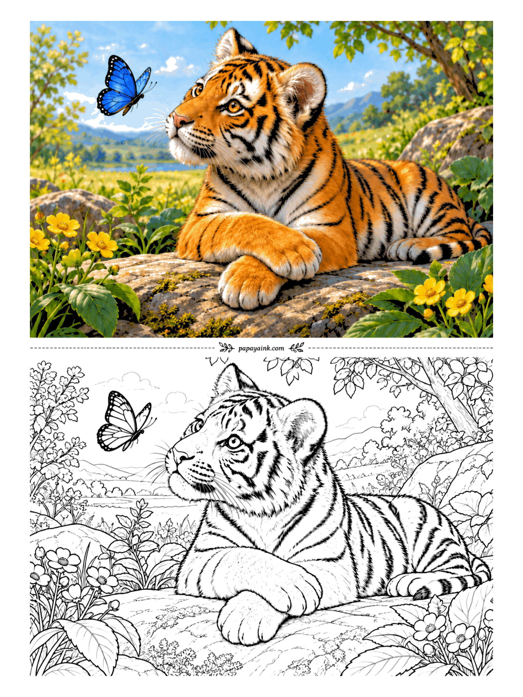 Tiger Coloring Pages - A blue butterfly hangs just out of reach and the cub on the warm rock has decided, for now, only to look. Paws crossed, buttercups on both sides, hills in the distance. Open shapes and a large face - one of the easier pages.