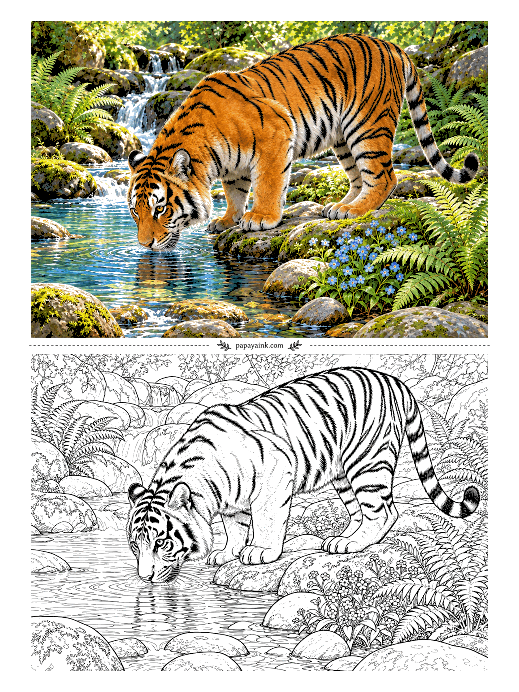 Tiger Coloring Pages - Head down at a forest stream, front paws planted on a mossy boulder, tail curled up behind for balance. Small cascades run over the rocks upstream and blue flowers grow at the edge. Detailed, with many stones and fern fronds.