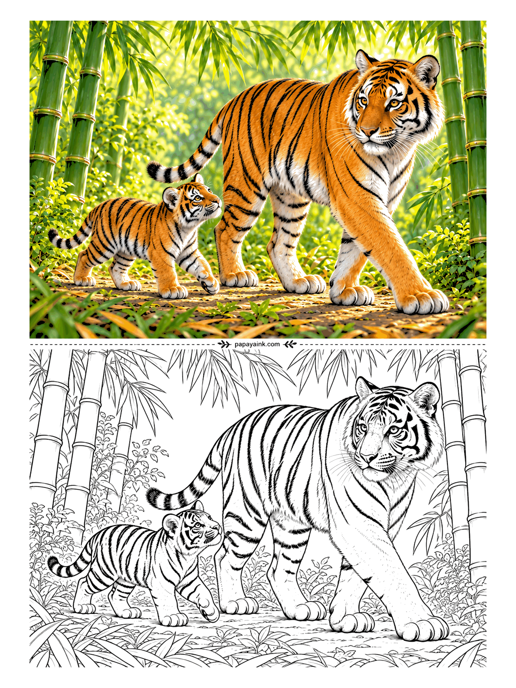 Tiger Coloring Pages - School is in session in the bamboo forest: the mother walks, the cub copies the walk and checks her face every few steps to see how he is doing. Tall bamboo stalks make calm vertical stripes behind the wavy ones.