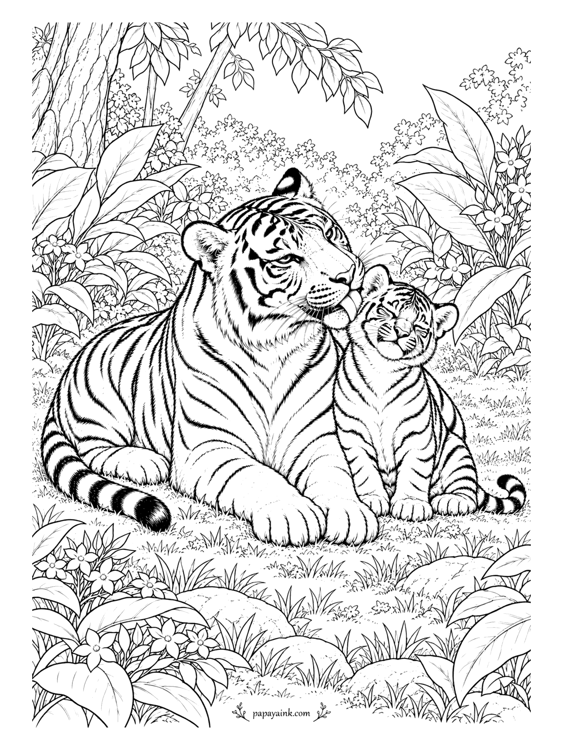 Tiger Coloring Pages - Bath time, tiger style: one long lick across the top of the head. The cub leans in with his eyes shut and puts up with it. Flowers and broad leaves close around the pair. Detailed, with plenty of small blossoms.
