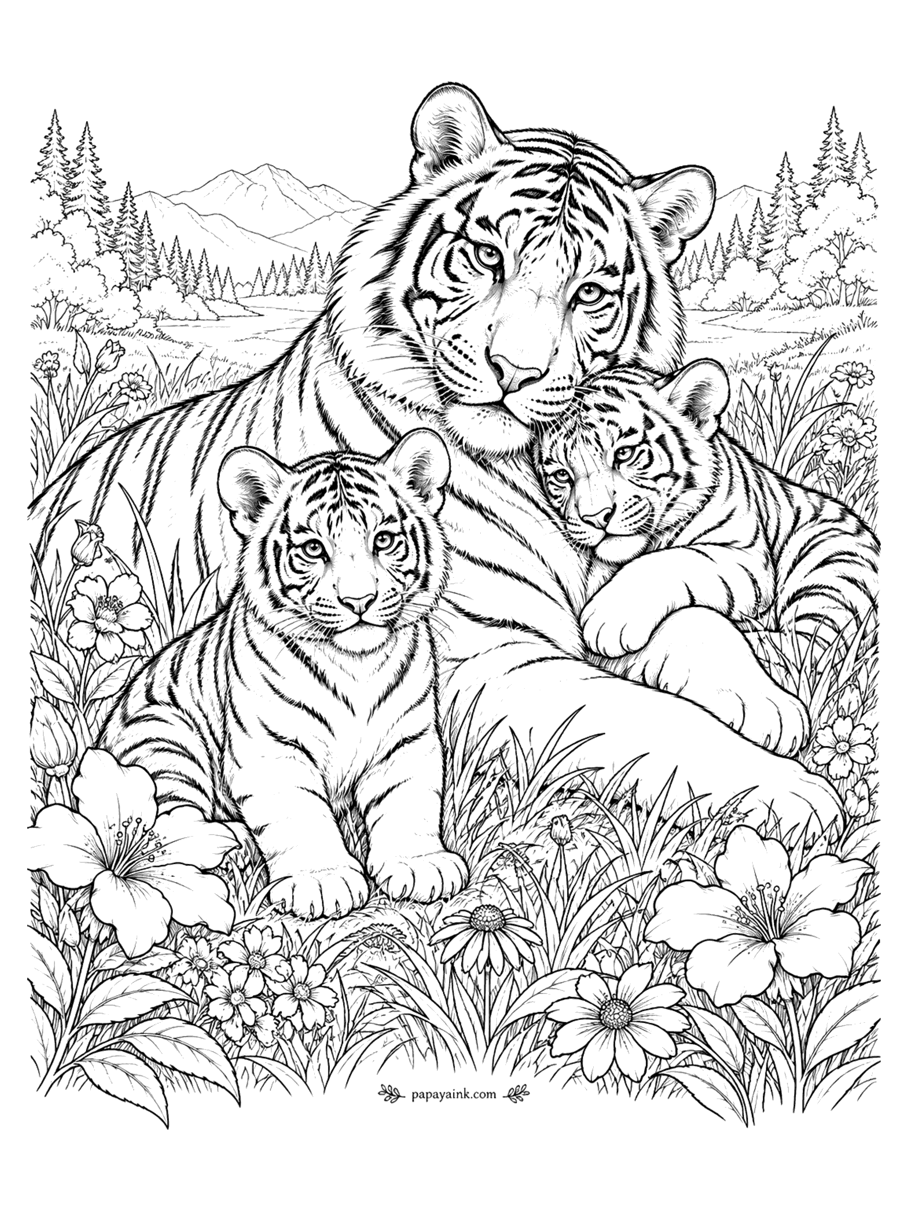 Tiger Coloring Pages - A tiger mother rests in a flower meadow with two cubs snuggled against her, with pine forest and mountains in the distance. Detailed.