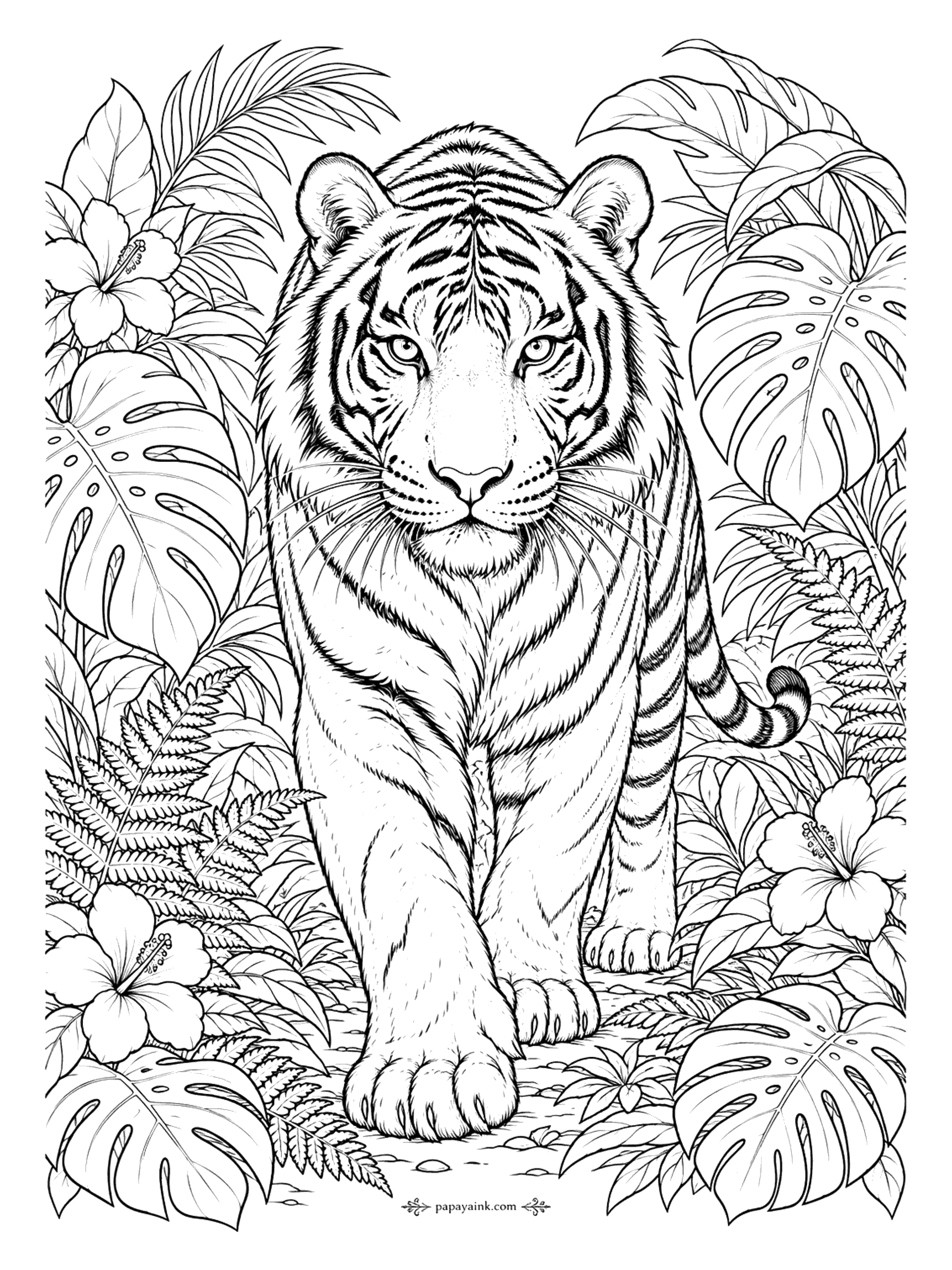 Tiger Coloring Pages - A full-grown tiger walks straight toward the viewer through a jungle of ferns, monstera leaves, and hibiscus. A dramatic, powerful sheet for adult colorists.