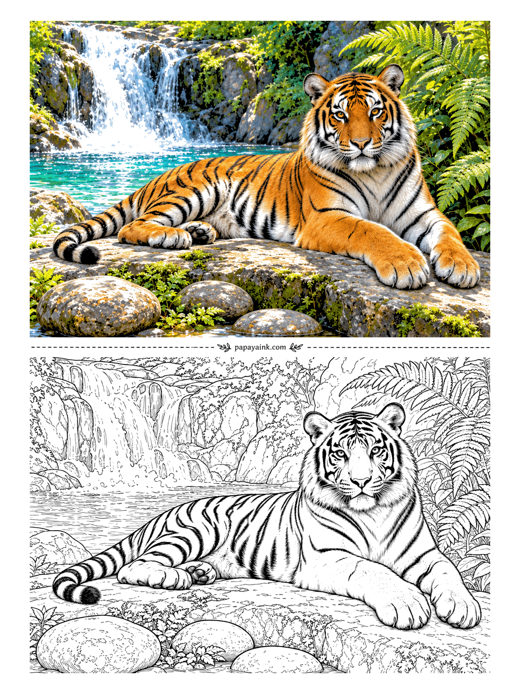 Tiger Coloring Pages - Afternoon off. A big tiger lies along a rock ledge with paws hanging over the edge, a waterfall and a green pool behind him. The calm, straight-ahead stare is easy to color; the falling water is best left mostly white.