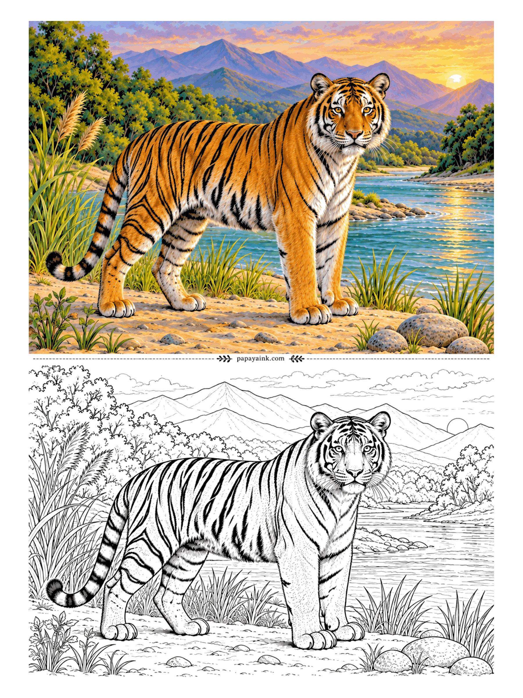 Tiger Coloring Pages - Full-grown and standing still on a sandy riverbank while the sun goes down behind purple mountains. The side-on pose shows every stripe from shoulder to tail. Try warm orange light on the river and pink and violet in the sky.