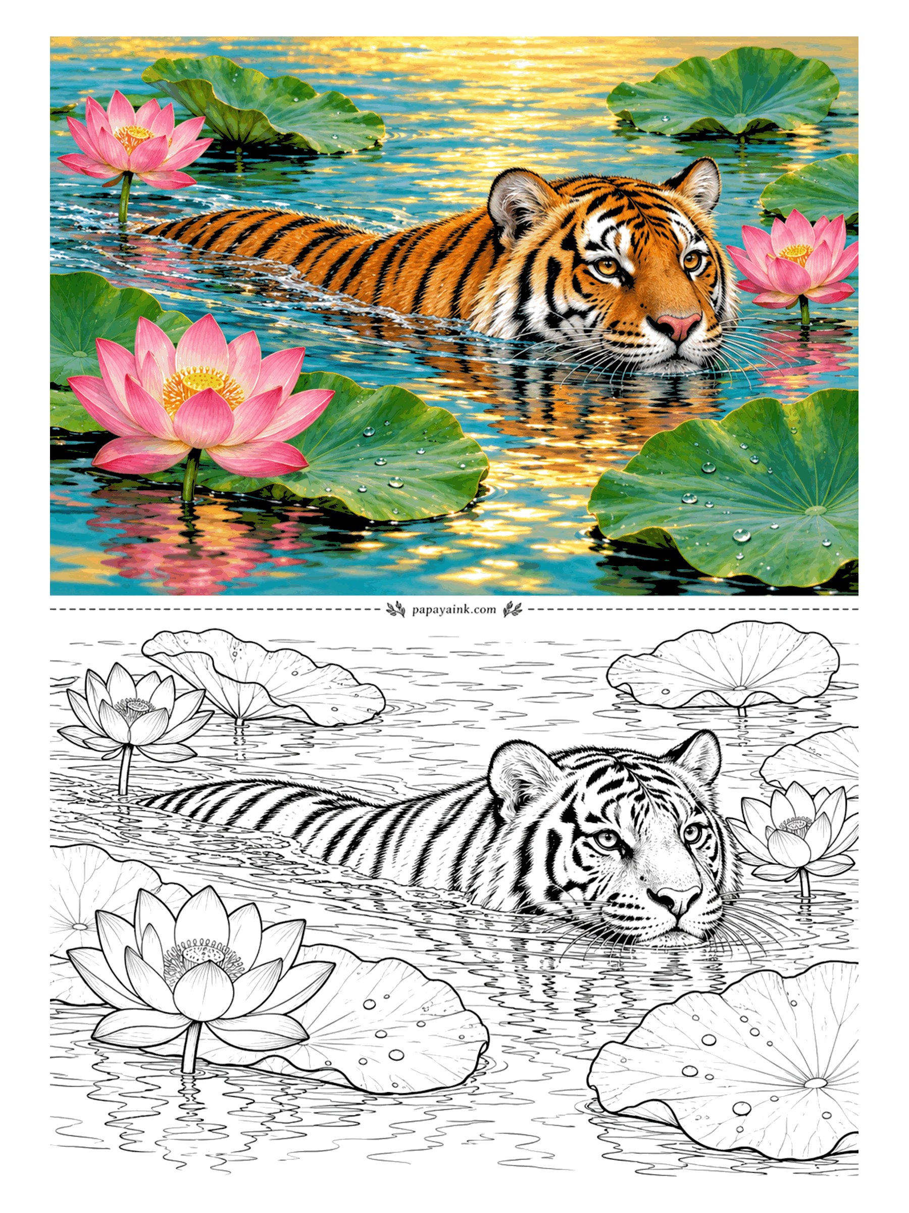 Tiger Coloring Pages - Tigers like water, and this one is up to its ears in it, swimming across a pond of pink lotus with only the head and a striped back showing. Broad round leaves carry a few water drops. Few small details - a relaxed page.