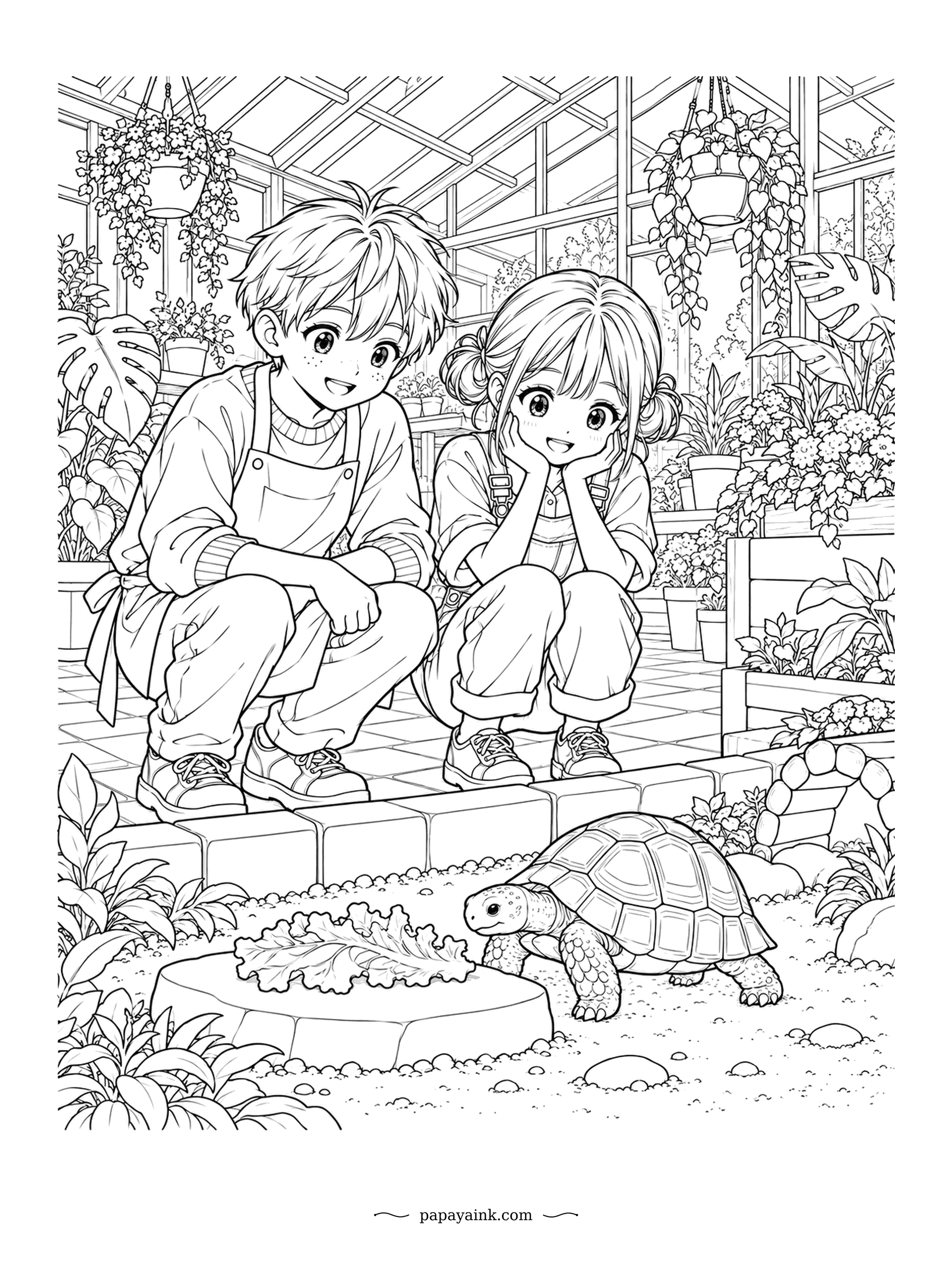 Cute Anime Coloring Pages - A tortoise plods toward a lettuce leaf on a flat stone, watched by the young gardeners crouching at the edge of its bed. Hanging baskets and potted palms surround them. Every shell plate is its own small shape.