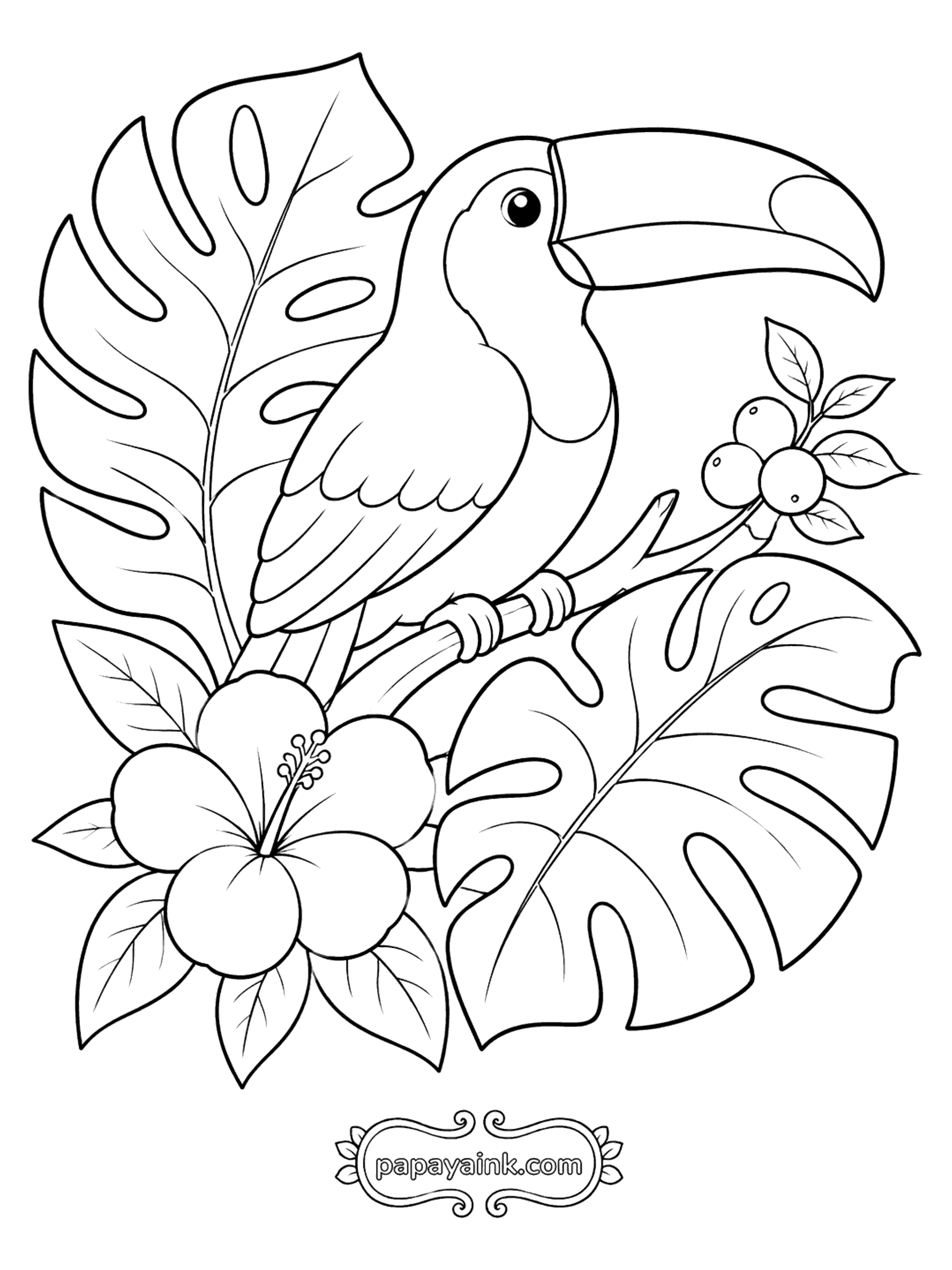 Bird Coloring Pages - Toucan Among Tropical Leaves
