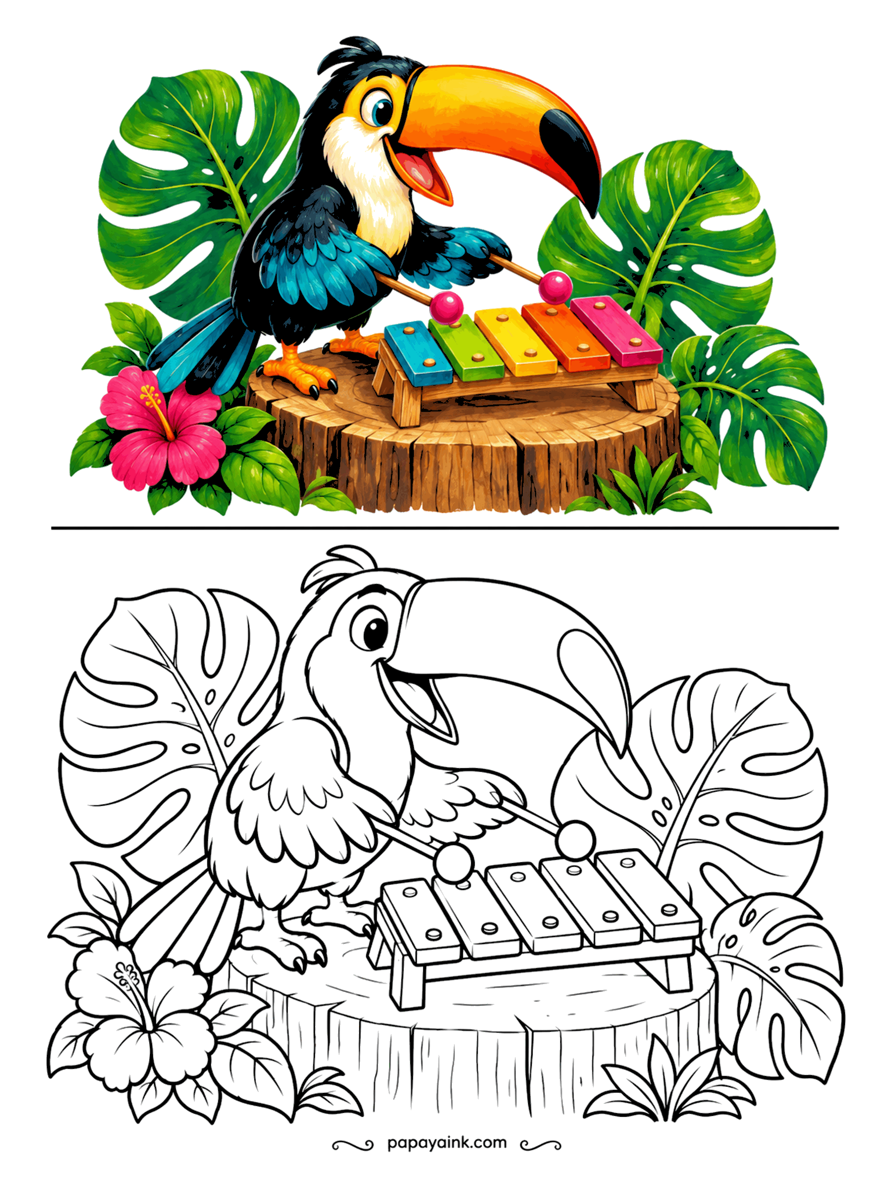 Copy Coloring Pages - A toucan with a xylophone on a tree stump, mallets in its wings and a hibiscus by its feet. That huge bill is mostly hollow and surprisingly light. Orange and yellow bill, black body, and every bar of the xylophone a different color.