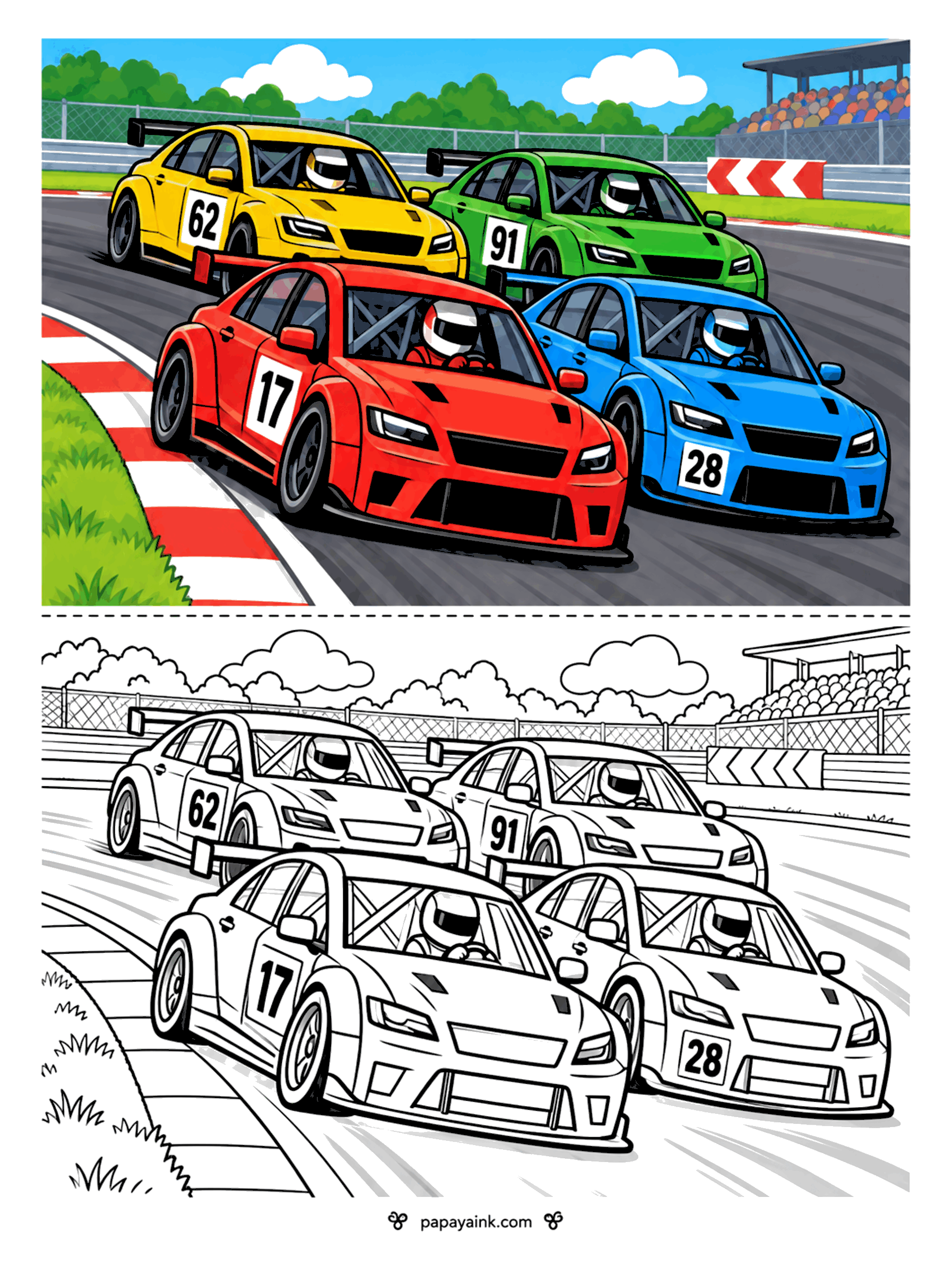 Race Car Coloring Pages - Four touring cars racing wheel to wheel through a corner in front of the grandstand.