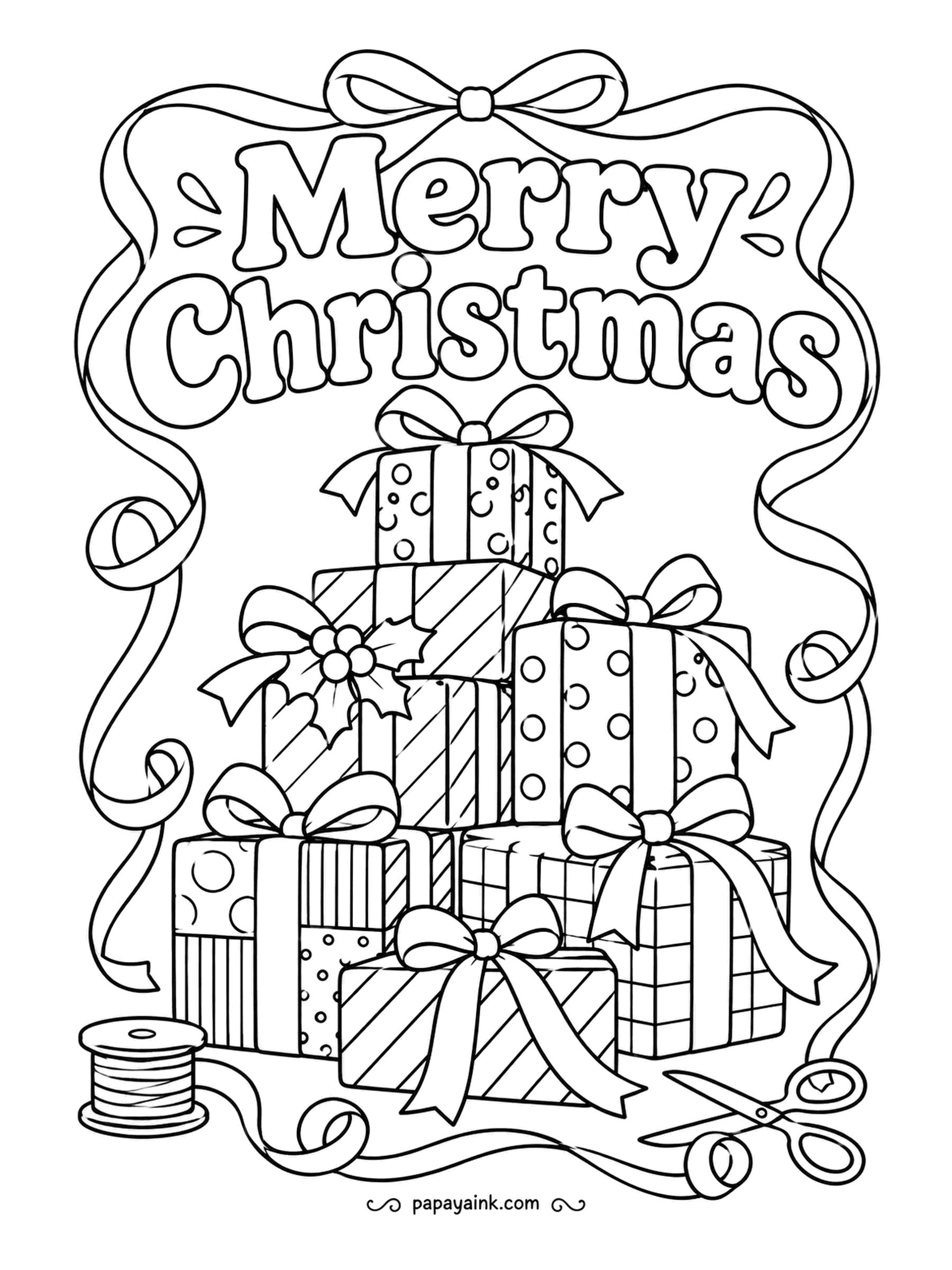 Merry Christmas Coloring Pages - Wrapping is finished, and the evidence is everywhere: a spool, a pair of scissors and ribbon curling around the whole stack. Every box has a different paper. Pick a small palette and rotate it so the pile hangs together.