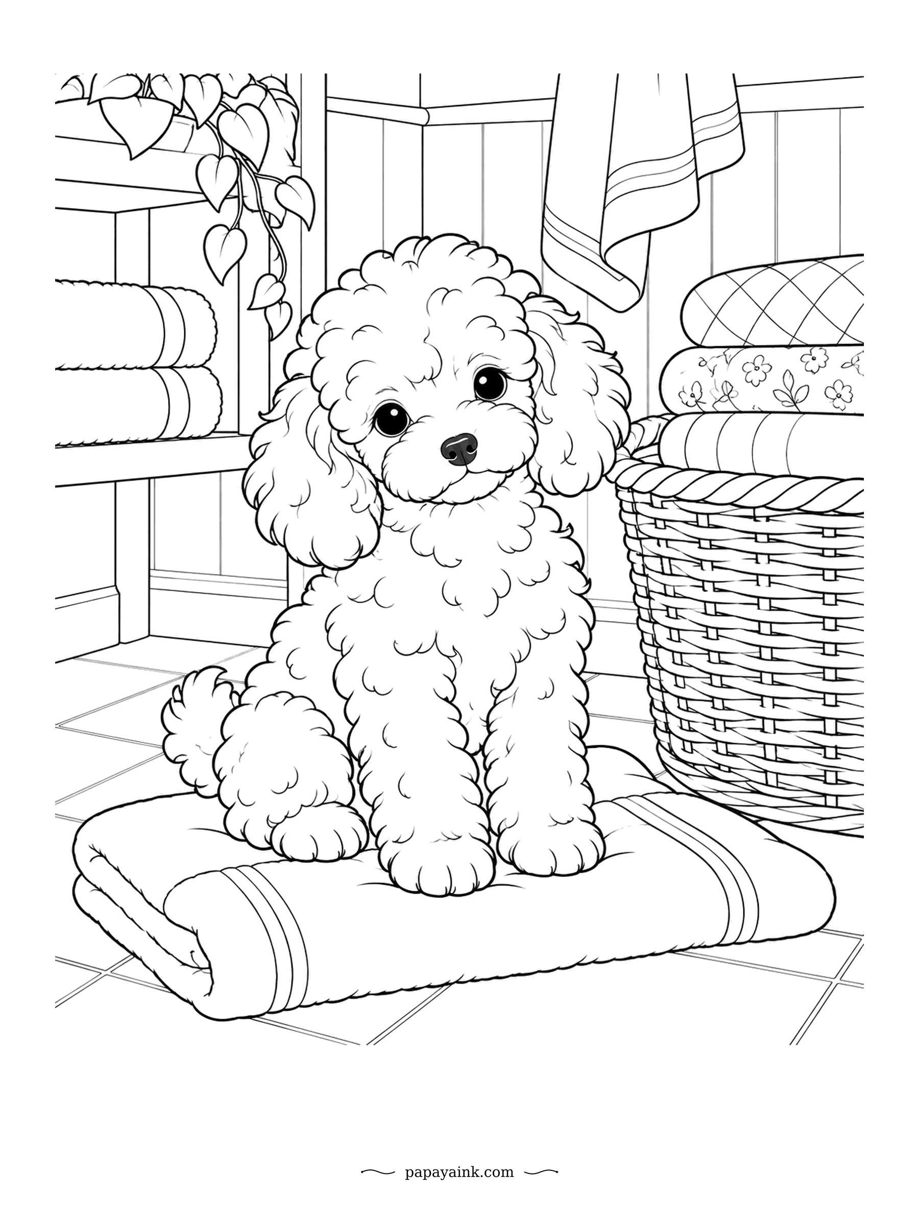 Puppy Coloring Pages - Fresh towels, a wicker basket and a little curly poodle sitting on top of the clean folded linen. It knows exactly what it is doing. Every curl is a small shape to fill.