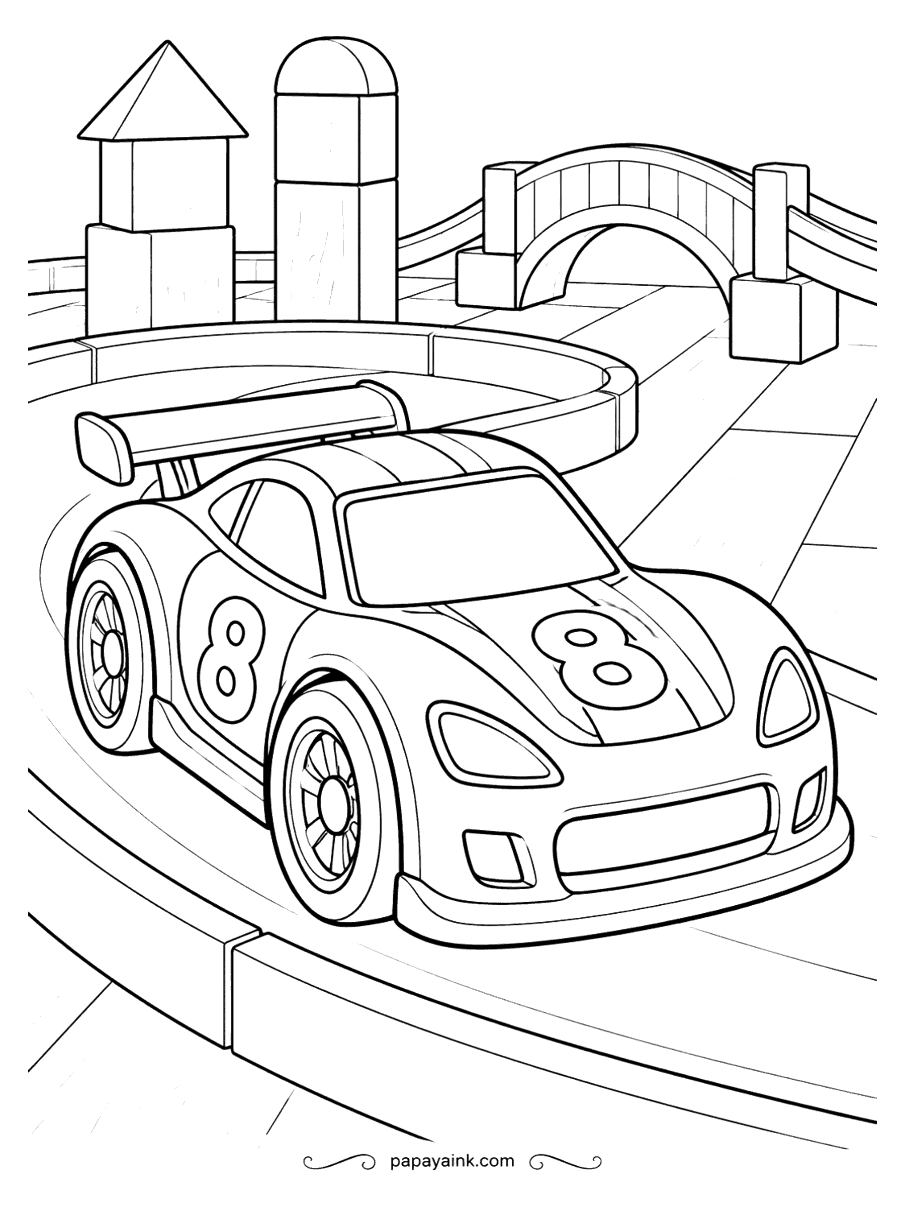 Race Car Coloring Pages - Wooden blocks make the scenery here: a tower, a silo, an arched bridge. The toy racer with a big 8 on the hood waits on its track for someone to give it a push. Few lines, roomy shapes - a calm page for preschoolers.