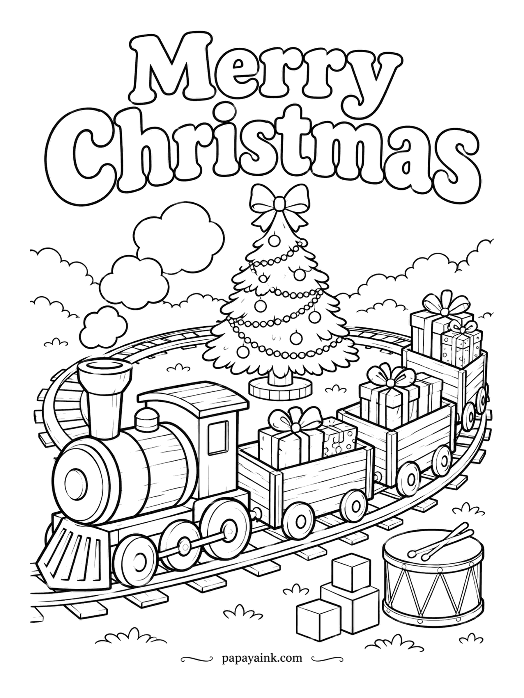 Merry Christmas Coloring Pages - Circling a small tree, a toy train carries more presents in each wagon than the last. Blocks and a drum wait trackside. Chunky and relaxed. Primary colors suit it - this is a toy, after all.