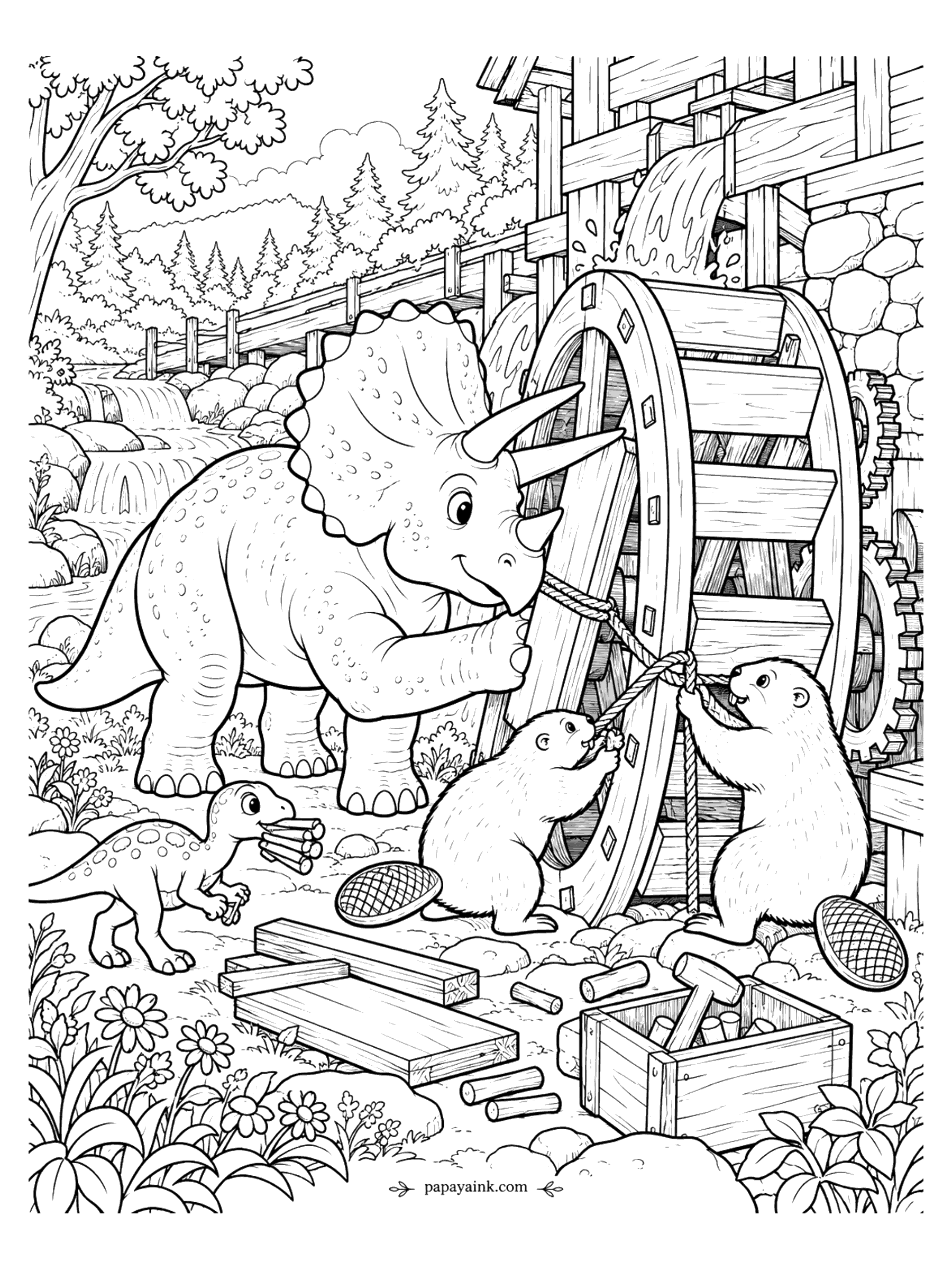 Triceratops Coloring Pages - Triceratops repairing an old mill water wheel with two beavers while a small dinosaur carries firewood. Detailed scene with timber, gears, rope and a forest stream.