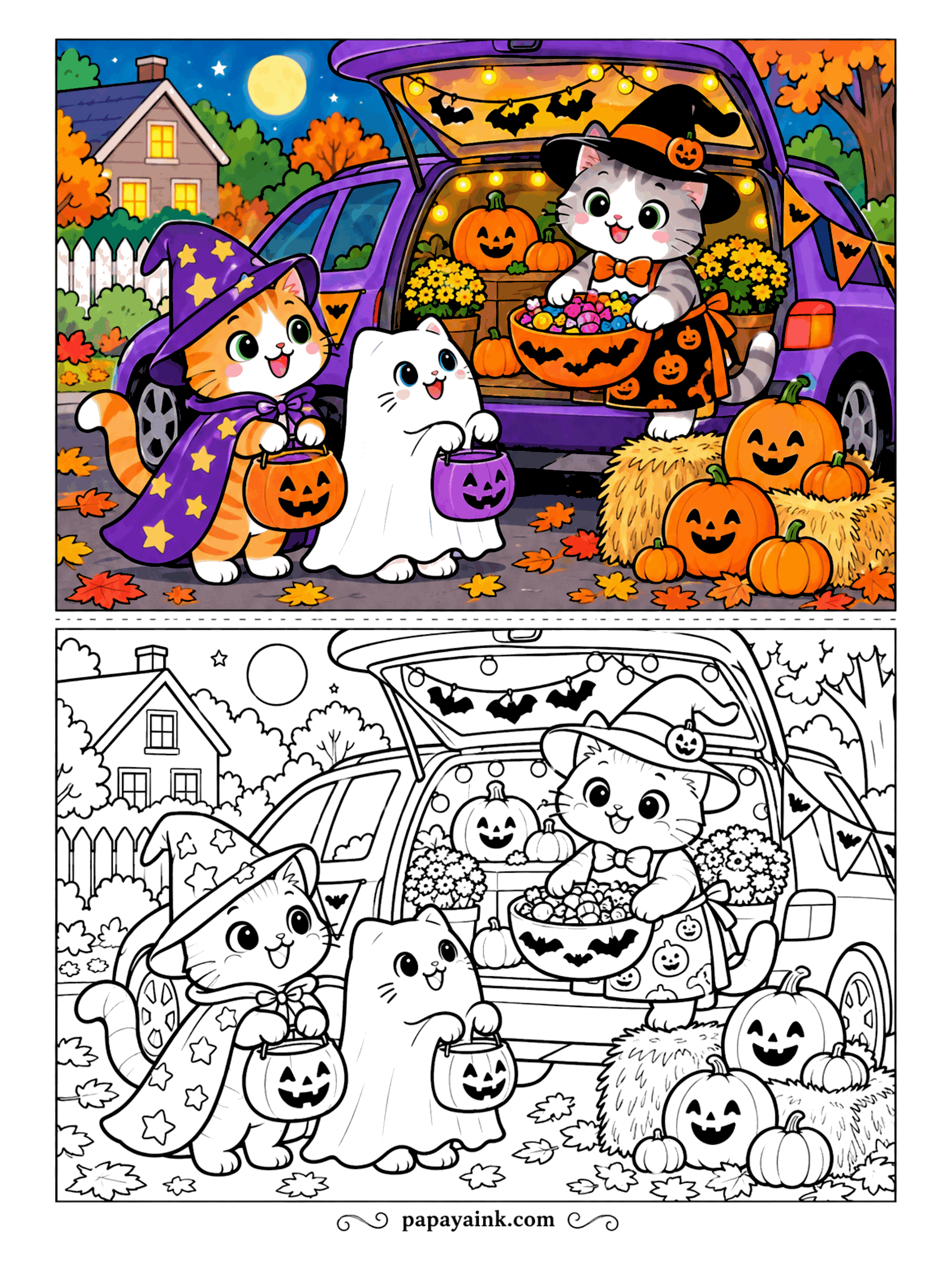 Halloween Cat Coloring Pages - The purple car has its trunk open for trunk-or-treat, and the cat inside hands out candy from a bat bowl under string lights. A wizard kitten and a ghost kitten hold up their buckets; hay bales and a row of jack-o-lanterns finish the setup. Detailed.