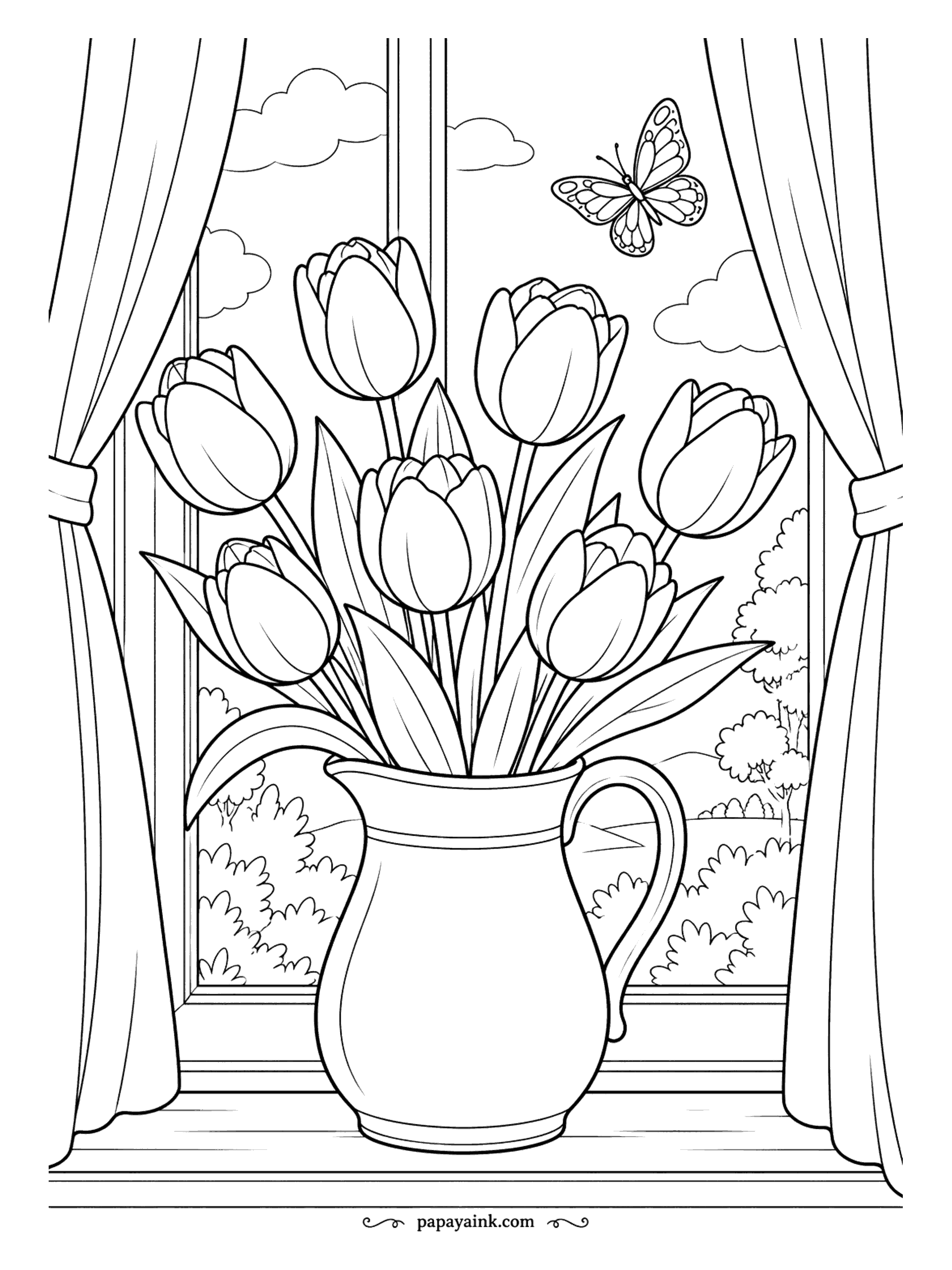 Flower Coloring Pages - Tulips keep growing after they are cut, which is why a bouquet like this leans a little more each day. These stand in a pitcher on the windowsill, curtains tied back and two butterflies outside. Big petals, easy lines.