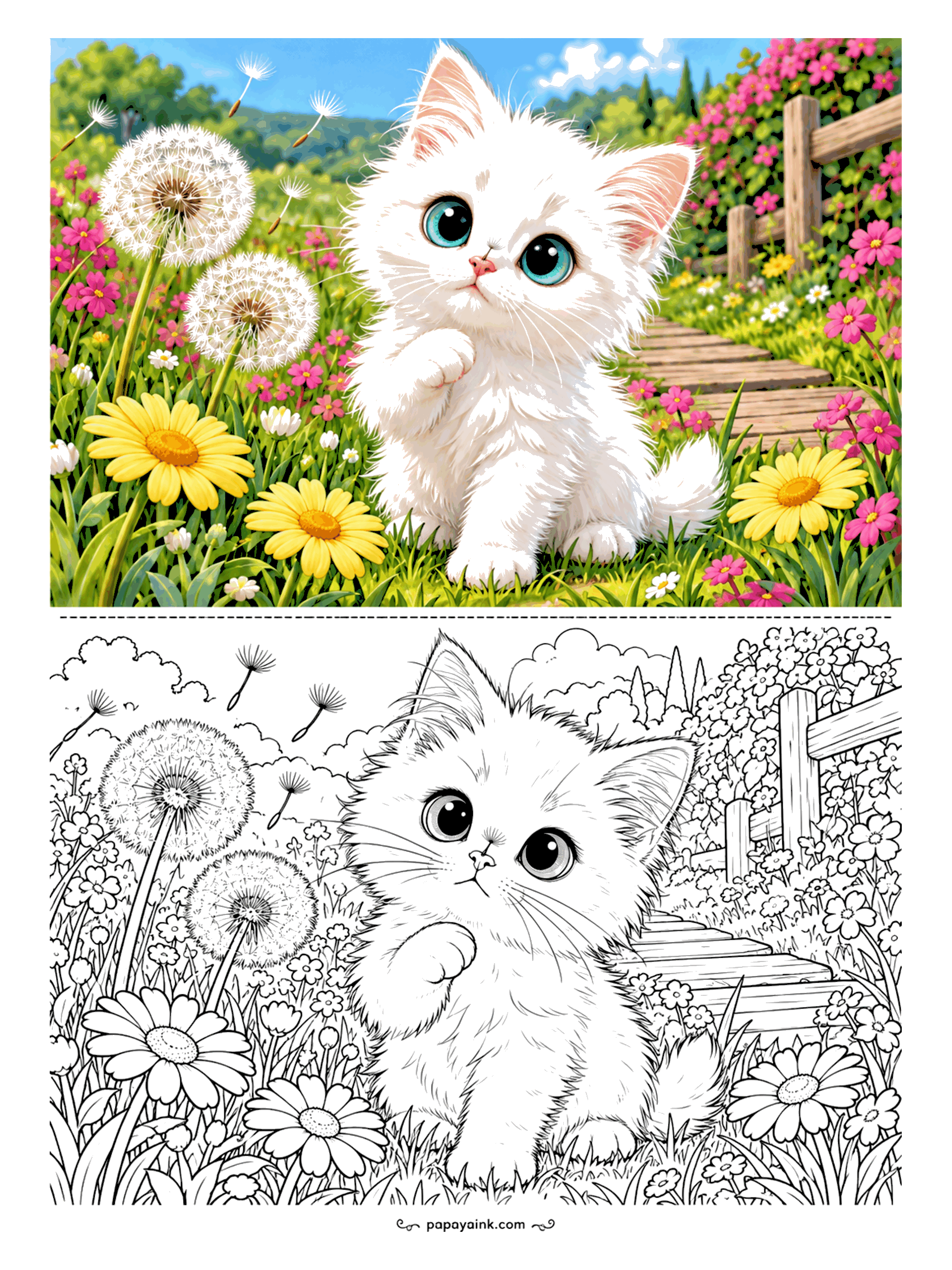 Kitten Coloring Pages - Incoming: a dandelion seed is heading straight for the Turkish Angora kitten's nose, and the paw is already up. Fluffy white coat, blue-green eyes, a meadow of daisies and pink cosmos with a fence behind. White fur, so the whole page is background color.