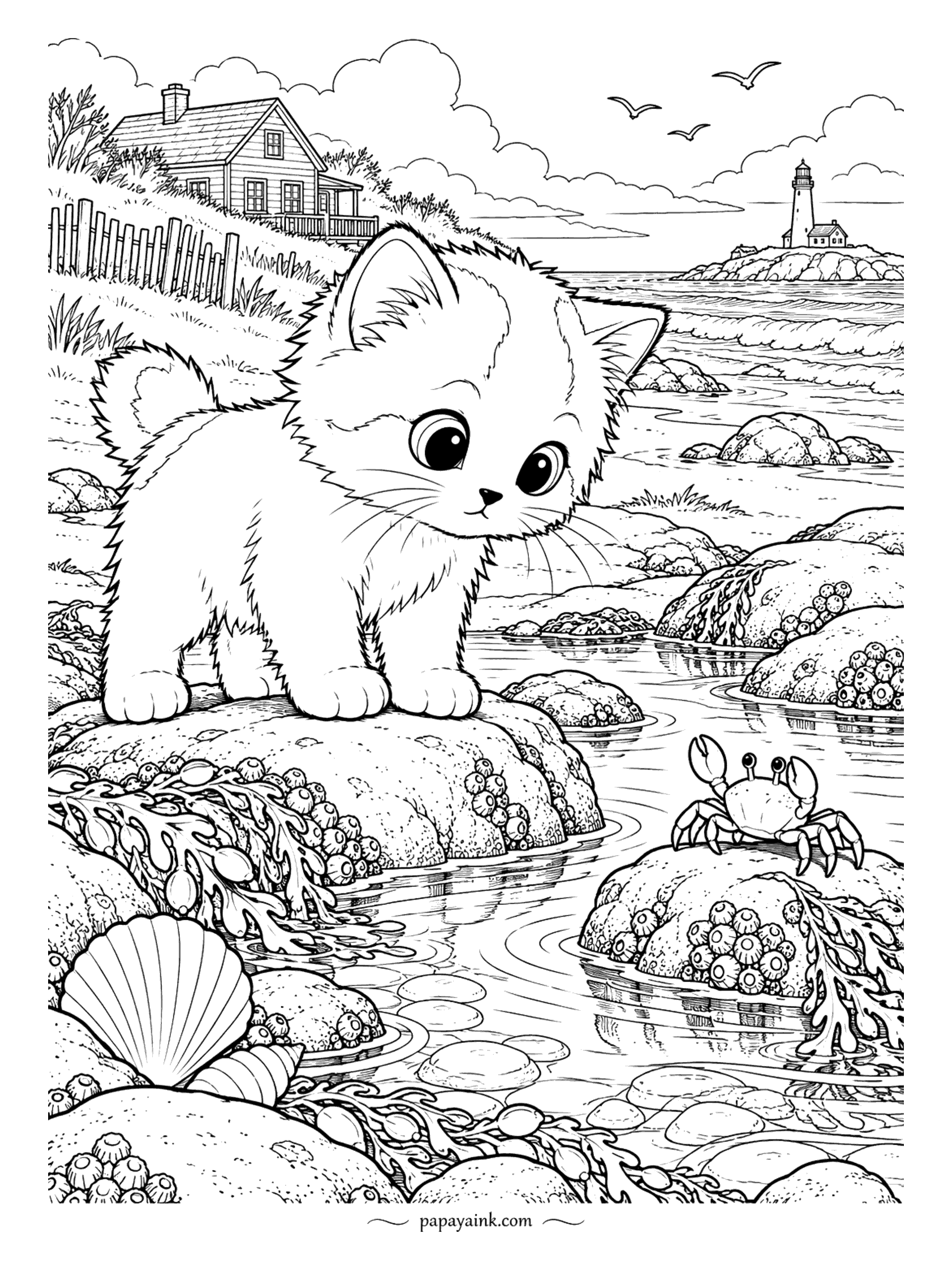 Kitten Coloring Pages - At the tide pool, the Turkish Van kitten and a small crab are having a staring contest. Seaweed, barnacles, a scallop shell, a lighthouse on the point and a cottage on the hill. Turkish Vans are famous for liking water; this one is still deciding.