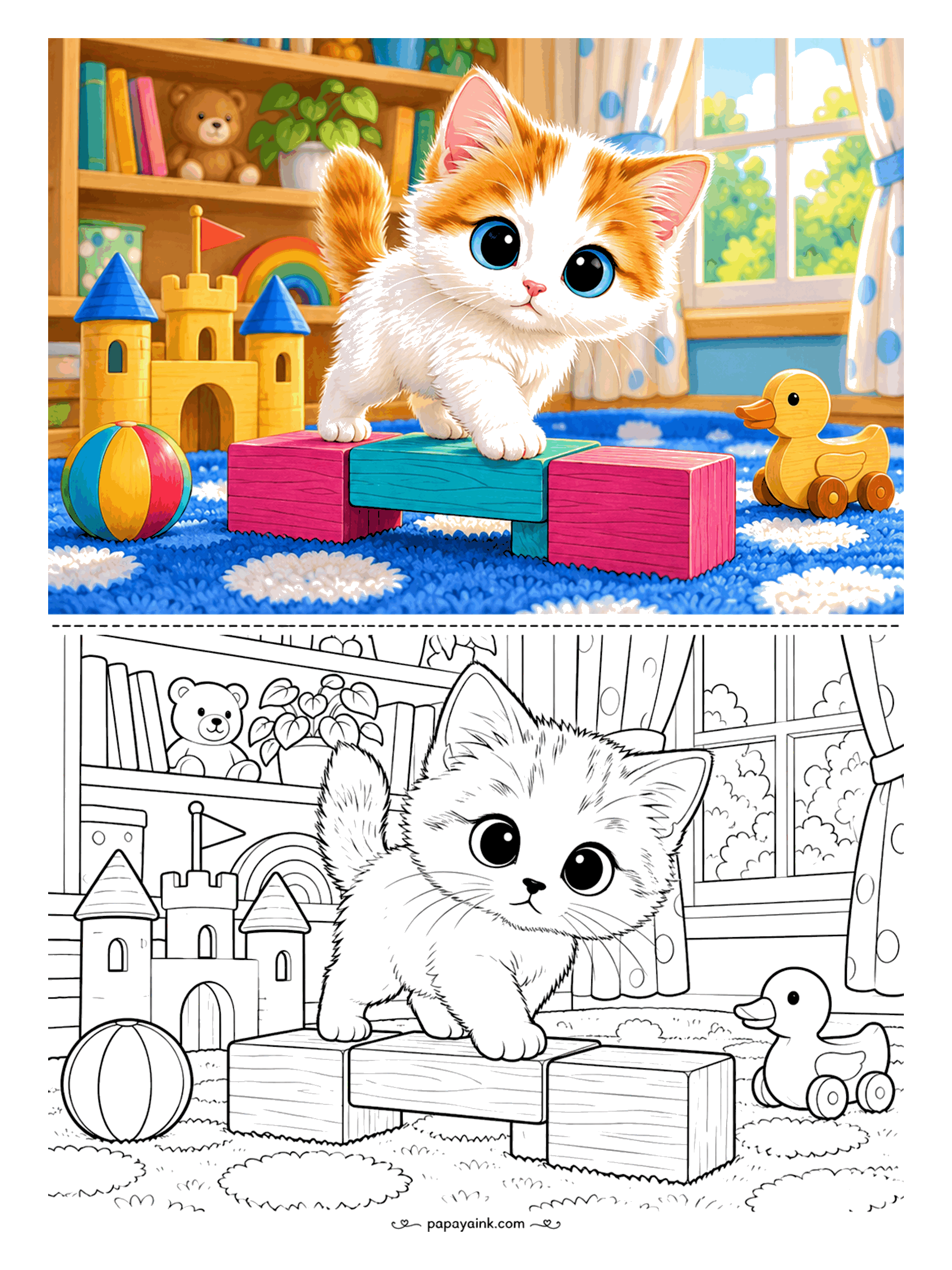 Kitten Coloring Pages - Three blocks make a bridge, and the Turkish Van kitten is testing it one careful paw at a time. A wooden castle, a beach ball and a pull-along duck on the blue rug. The breed is white with color only on the head and tail.